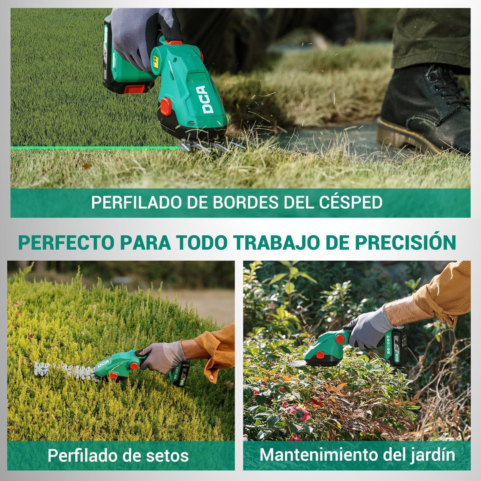 DCA Tijera Cortacésped Inalámbrica 20V Cortasetos y Cortabordes 2en1,2.0Ah