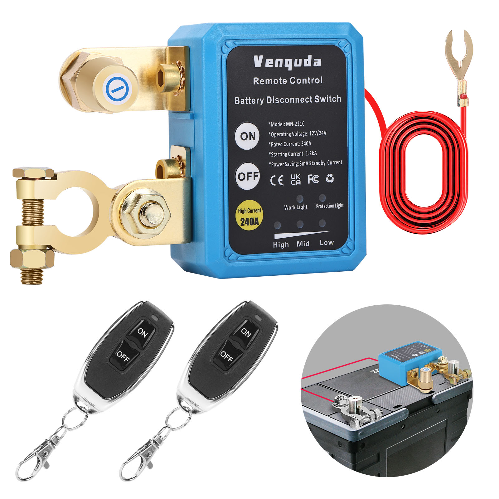 Venquda 12V 240A Kill Switch - Blue Push Button Battery Disconnect For Car, RV, Boat (Automatic Cut-Off) - View #4