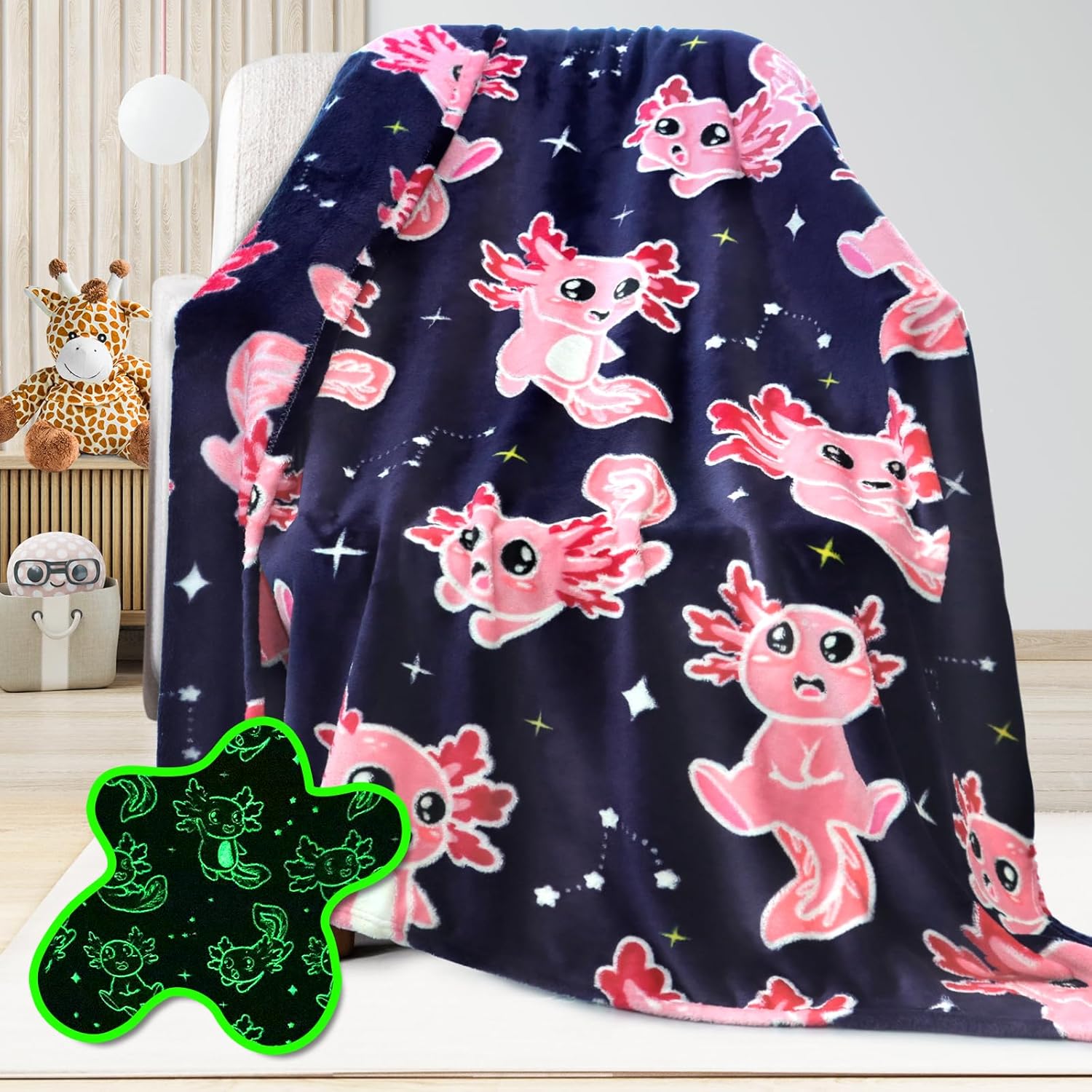 Axolotl Blanket for Girls, Kids & Adults – Soft Cozy Fleece Throw, Cute Axolotl Gifts, Salamander Plush Blanket for Bed, Sofa, Couch, Glow in The Dark Blankets