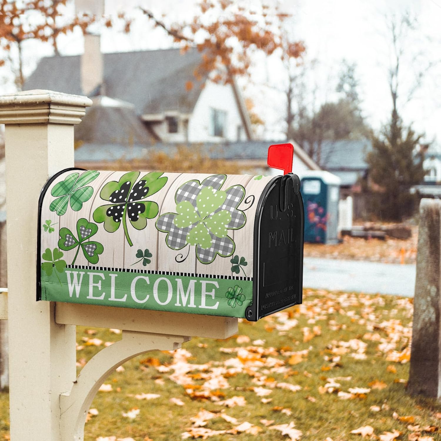 Welcome St Patrick's Day Holiday Magnetic Mailbox Covers Standard Size 21x18in Lucky Shamrocks Clover Mail box Wraps Green Leaves Wooden Decorative Letter Post Box Cover for Home Garden Outside