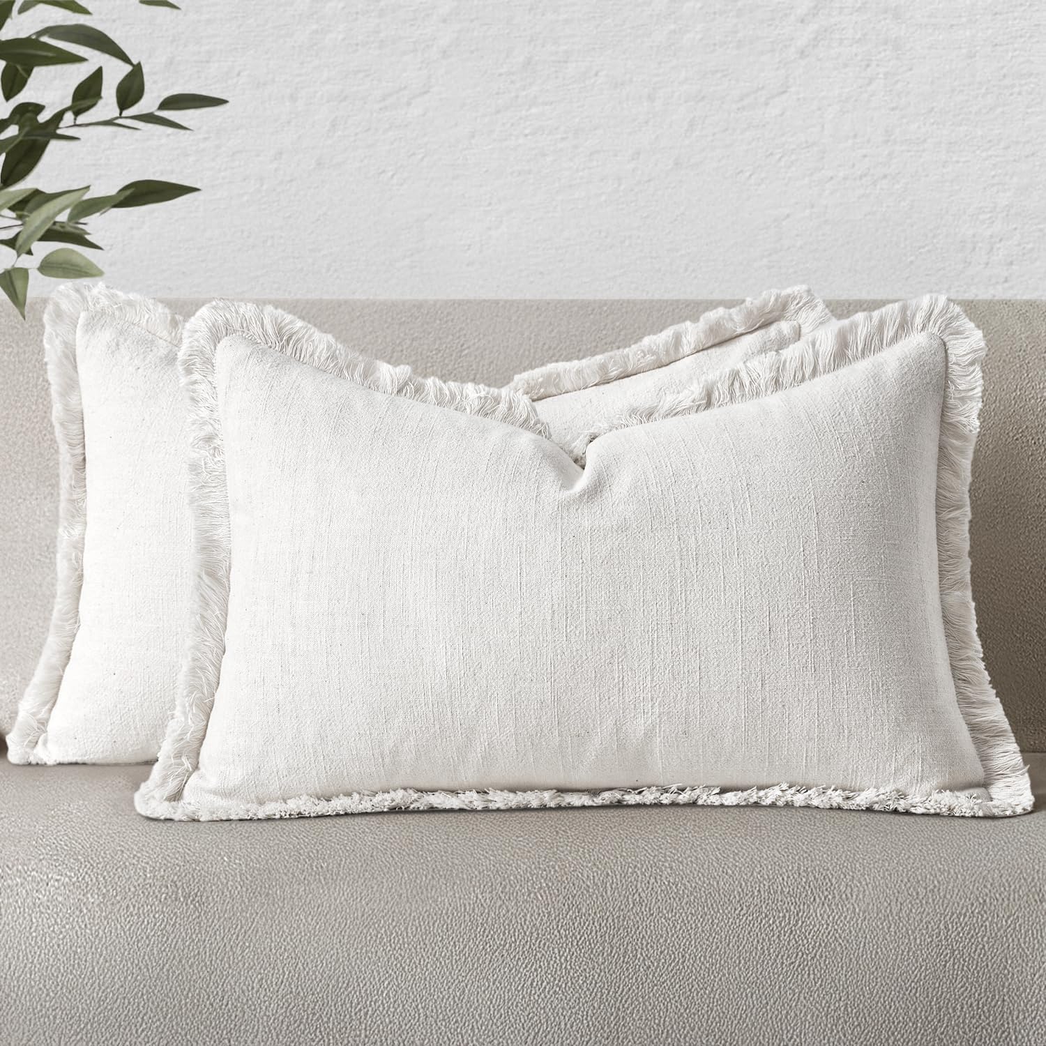 MIULEE Boho Linen Fringe Decorative Lumbar Throw Pillow Covers White 12x20