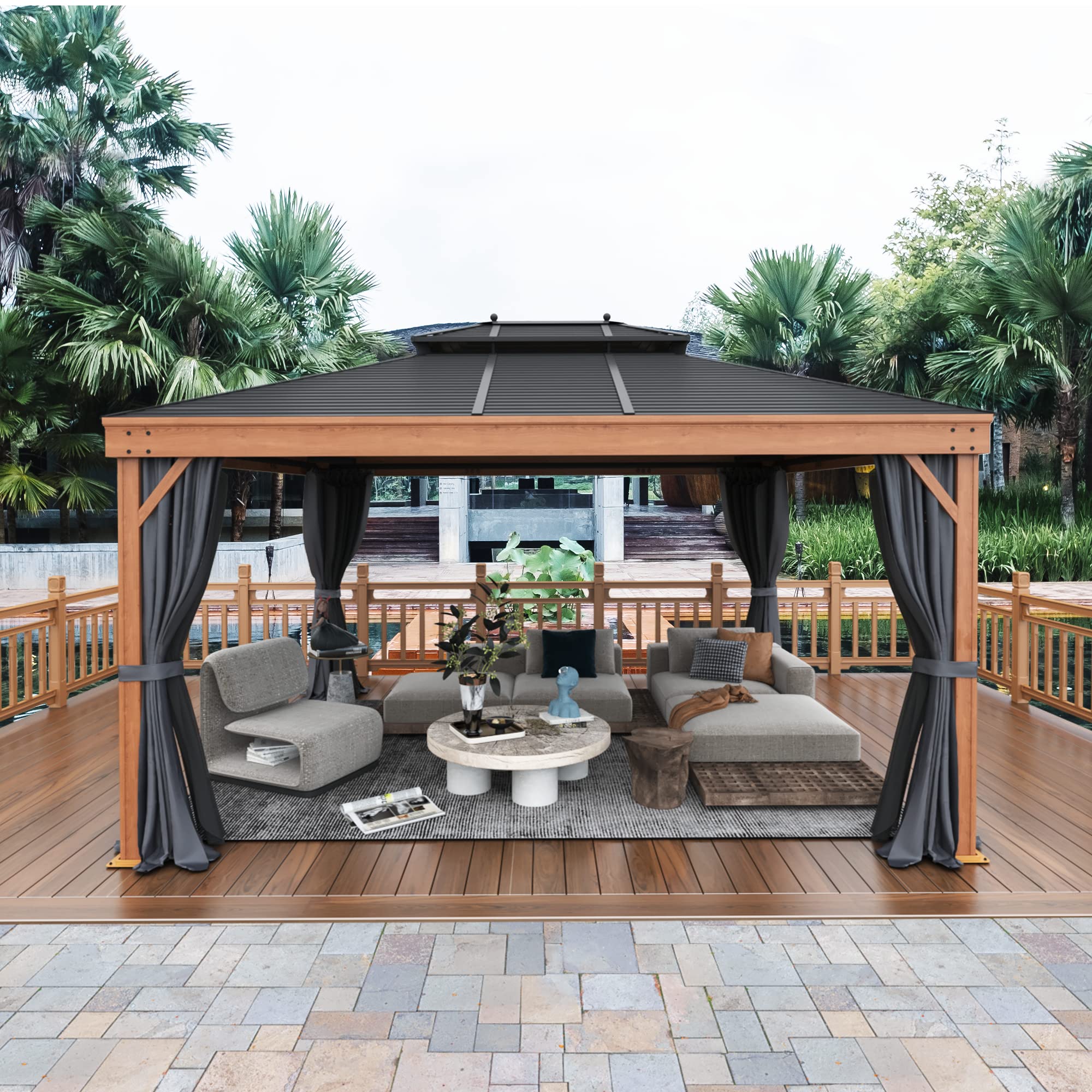 Buy YOLENY 12' x 14' Hardtop Gazebo Faux Wood Grain Metal Gazebo with