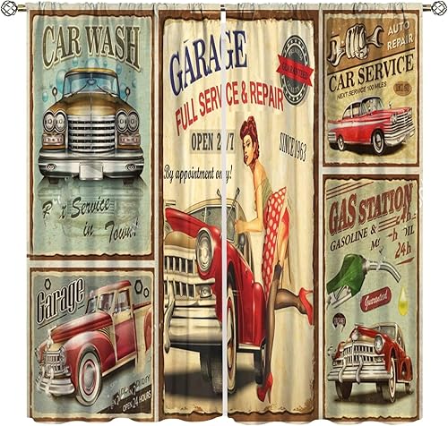 Cortinas retro para coche, vintage, garaje, niña, 1960, mecánico, clásico, letrero, impreso, cortinas de ventana para dormitorio, sala de estar, 42