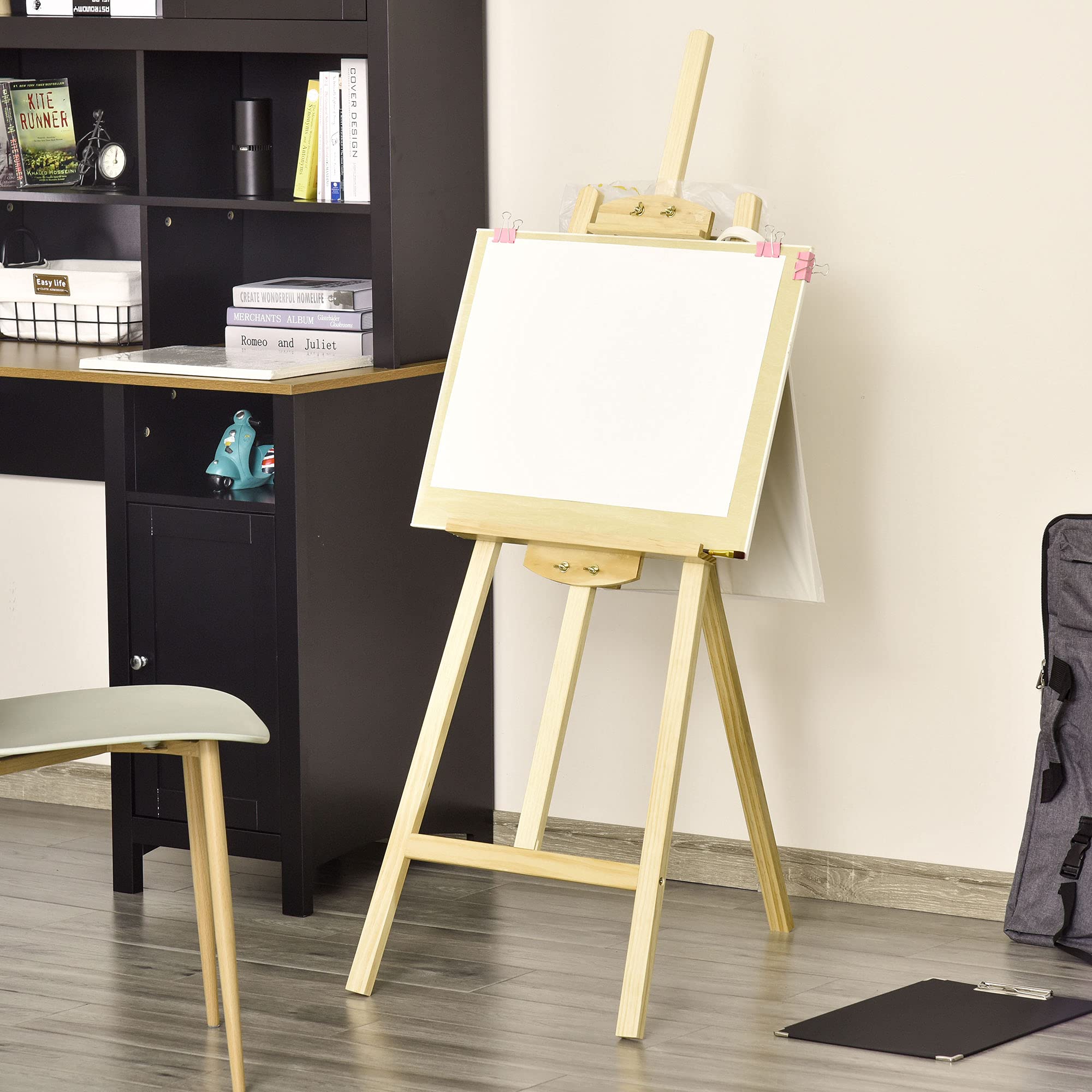 HOMCOM Caballete de Pintura de Madera Caballete de Dibujo con Ángulo Ajustable de 75° Soporte Trípode y Pincel para Lienzos 51,5x71,5x134,5 cm Natural