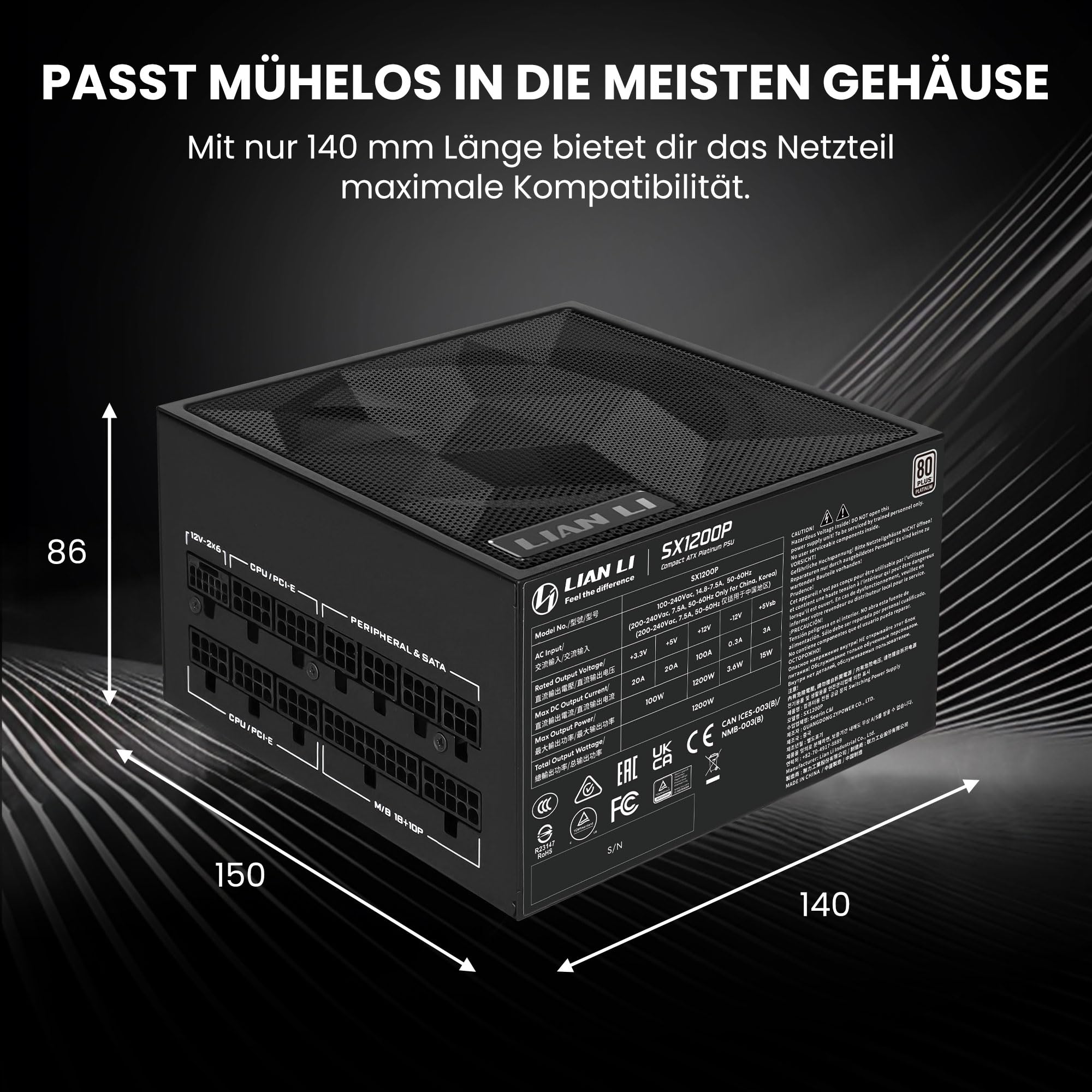 Lian Li SX Series 80 PLUS Platinum Netzteil, vollmodular, PCIe 5.1, ATX 3.1 - 1.200 Watt, schwarz