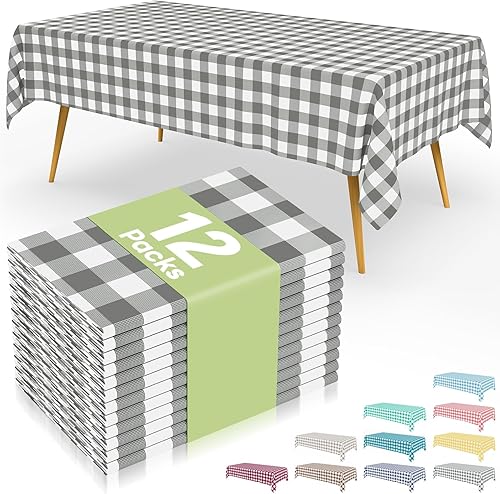 Miniatura 61 de Smiry Paquete de 8 manteles desechables a cuadros, mantel de plástico impermeable de 54 x 108 pulgadas, manteles rectangulares a cuadros caqui y