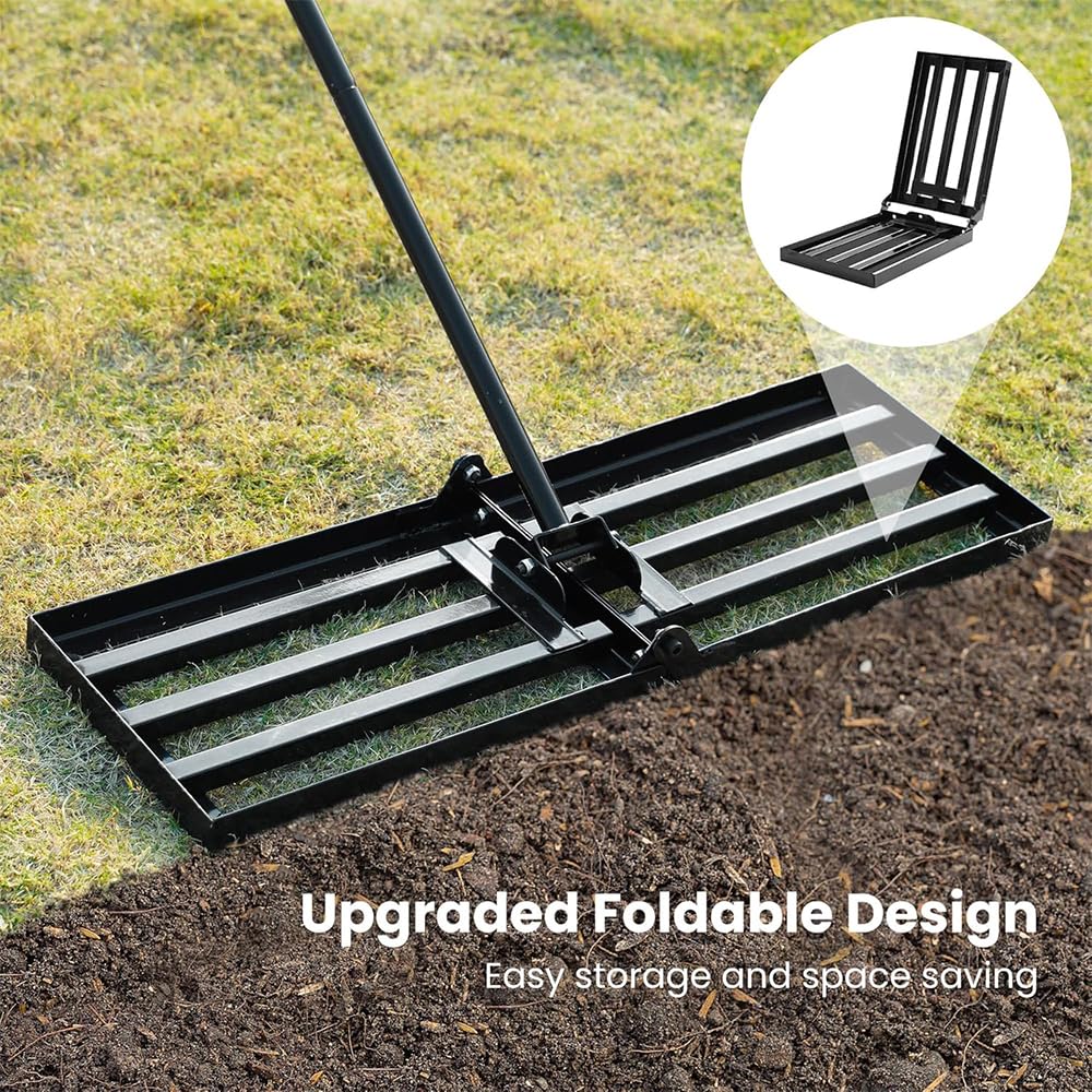 Rastrillo de nivelación de césped de 76 x 25 cm con tallo, rastrillo para nivelación de césped, placa plegable para césped, arena/tierra para campo de golf de jardín.