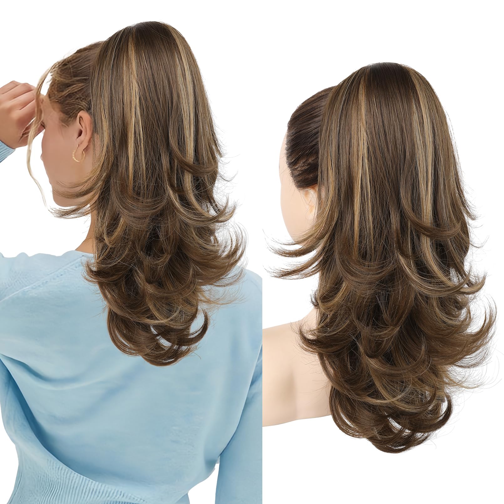 Photo 1 of LONAI Ponytail Extension for Women,18 Inch Layered Wavy Pony Tail Hair Extensions, Natural Drawstring Ponytail Synthetic Hairpiece for Daily Wear (Deep Brown with Blonde)