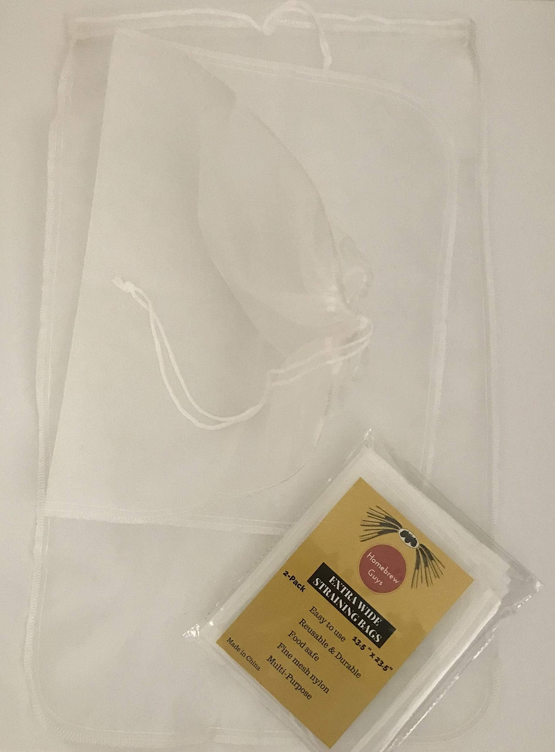 White Fine Mesh Straining Bags with Sturdy Draw Strings. Pack of 2. Double Stitched Durable Food-Grade Nylon Resists Stains, Odors. Best for Brewing, Nut Milk, Juices 13.5 x 23.5 Inch