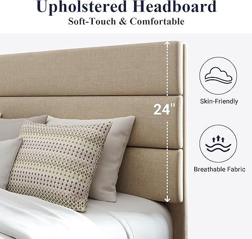 Miniatura 4 de Allewie Base de cama de plataforma tamaño King con cabecera tapizada de tela y soporte de listones de madera, base de colchón totalmente tapizada,
