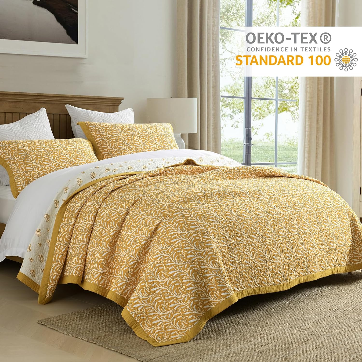 Finlonte Cotton Quilt King Size - 100% Cotton King Comforter Set, Botanical Chic Quilt Bedding Set, Lightweight Reversible Soft Quilted Bedspread for King Bed, Gold/White, All Season, 3 Pieces