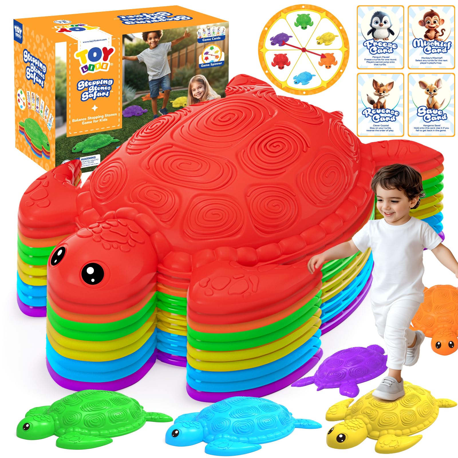 TOY Life 10 Pcs Turtle Balance Stepping Stone for Kids, Indoor Outside Toys for Kids Ages 4-8, Toddler Outdoor Toys, Stepping Stones Game, with Cards and Spinner