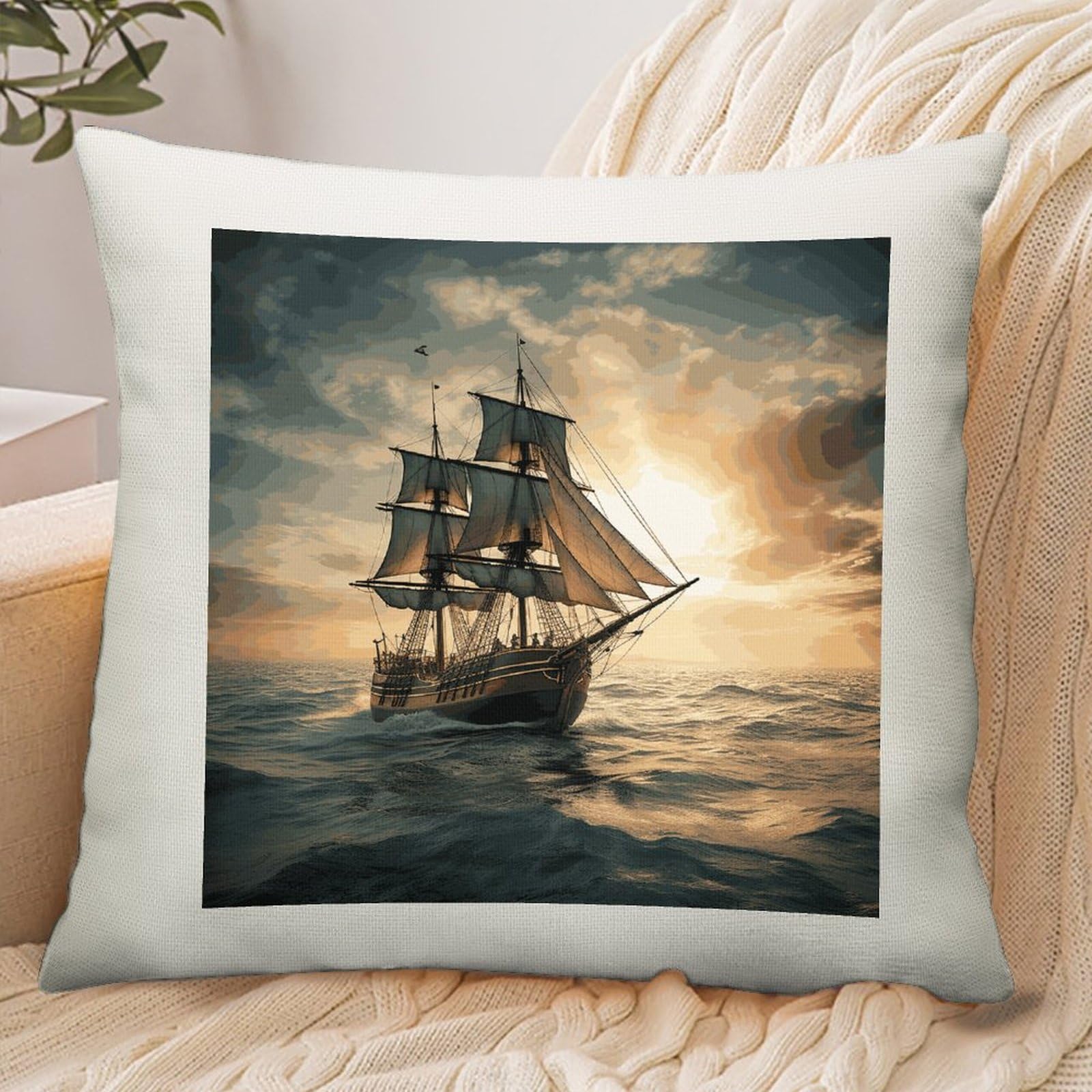 Adfgyerh Style Ship Sailing Alone Pillow Cover Breathable,Pillowcases Boho Decorative Envelope Closure,Throw Pillow Covers For Beach,Patio,Balcony,Couch Living Room 16 * 16In