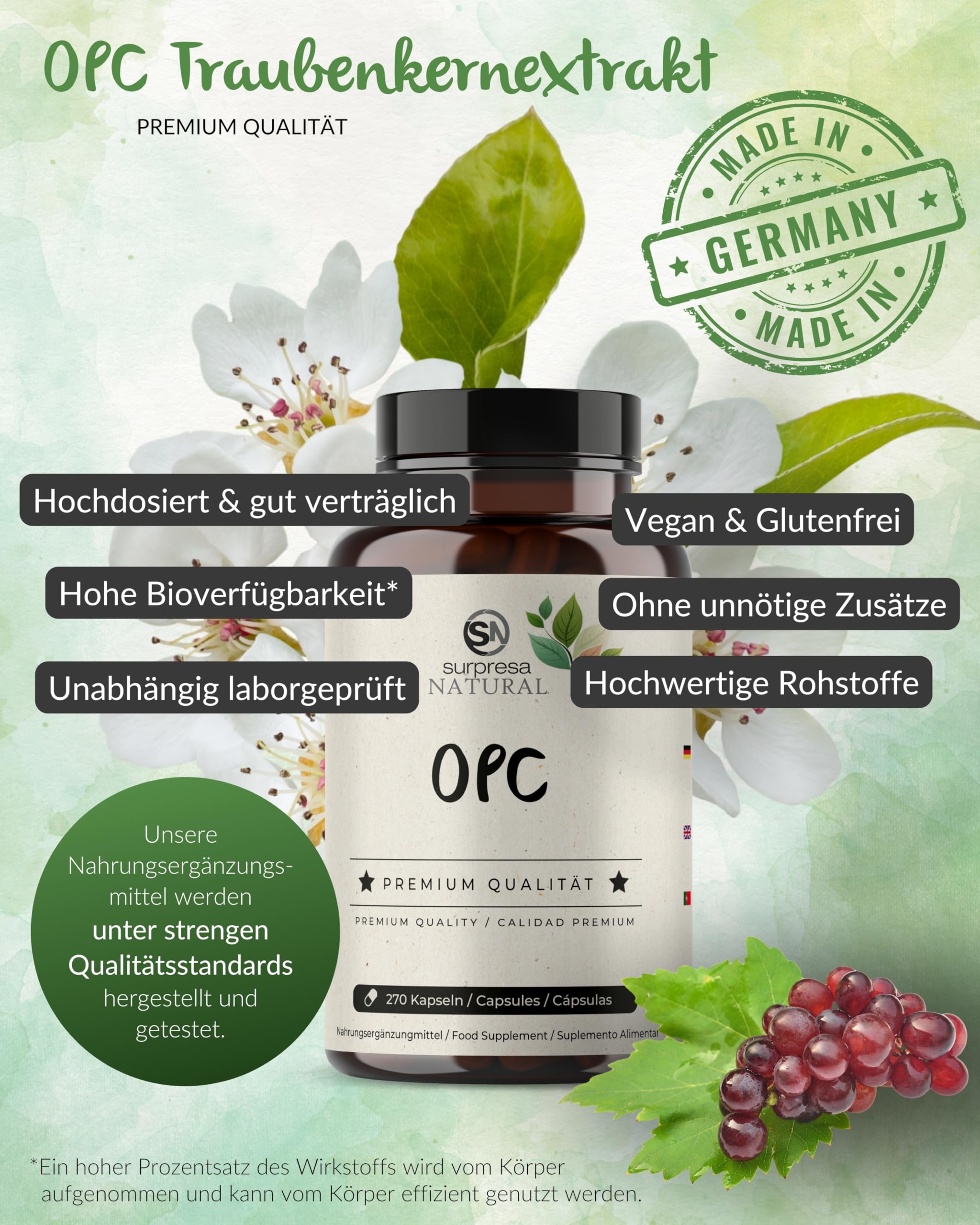 OPC Traubenkernextrakt Kapseln hochdosiert I 270 Kapseln I 400mg Extrakt pro Kapsel IOPC Kapseln aus französischen Trauben I Nahrungsergänzungsmittel vegan & laborgeprüft
