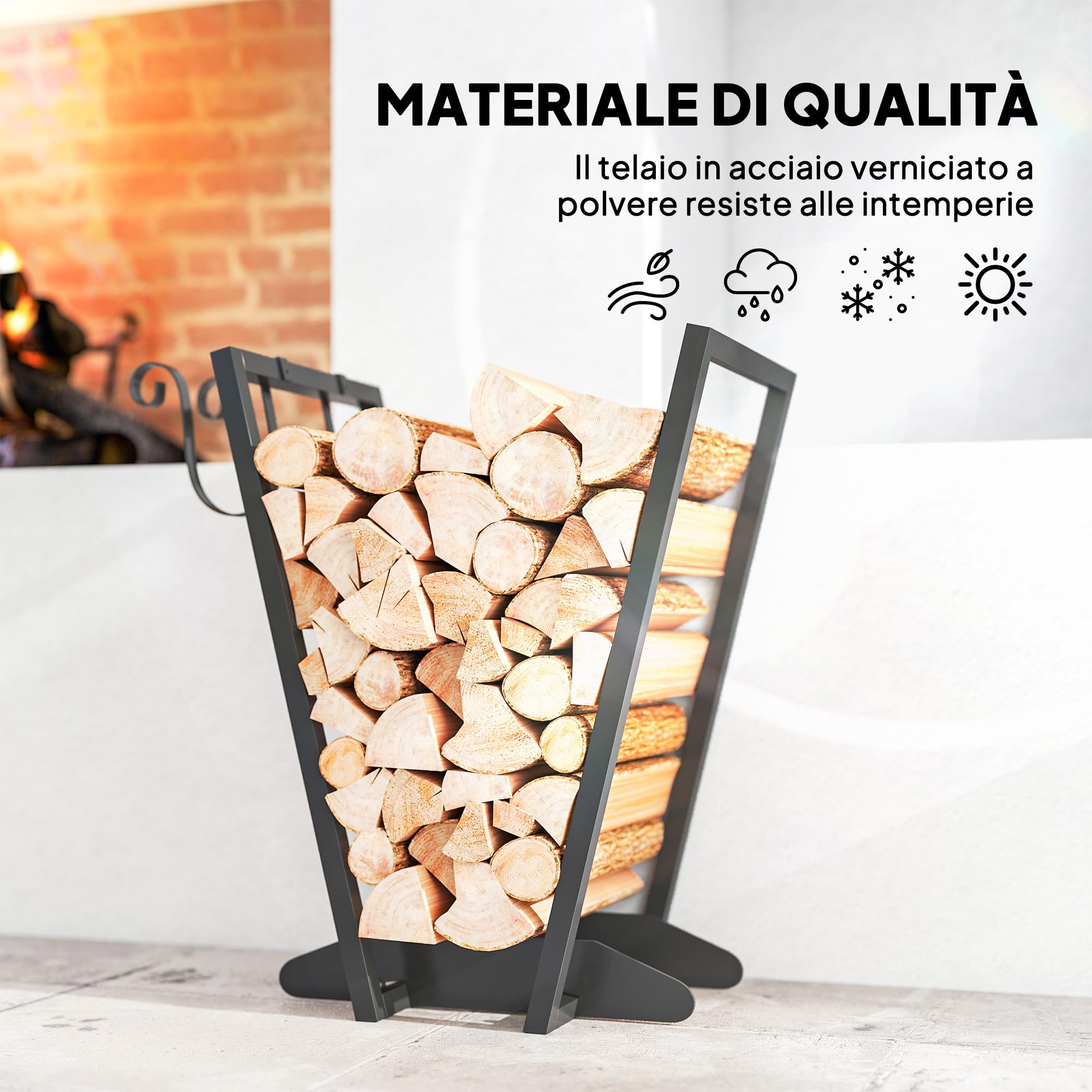 Outsunny Scaffale Portalegna da Esterno e Interno con Ganci in Acciaio, Legnaia Design Moderno con Base Rialzata, 45x32x58cm, Nero