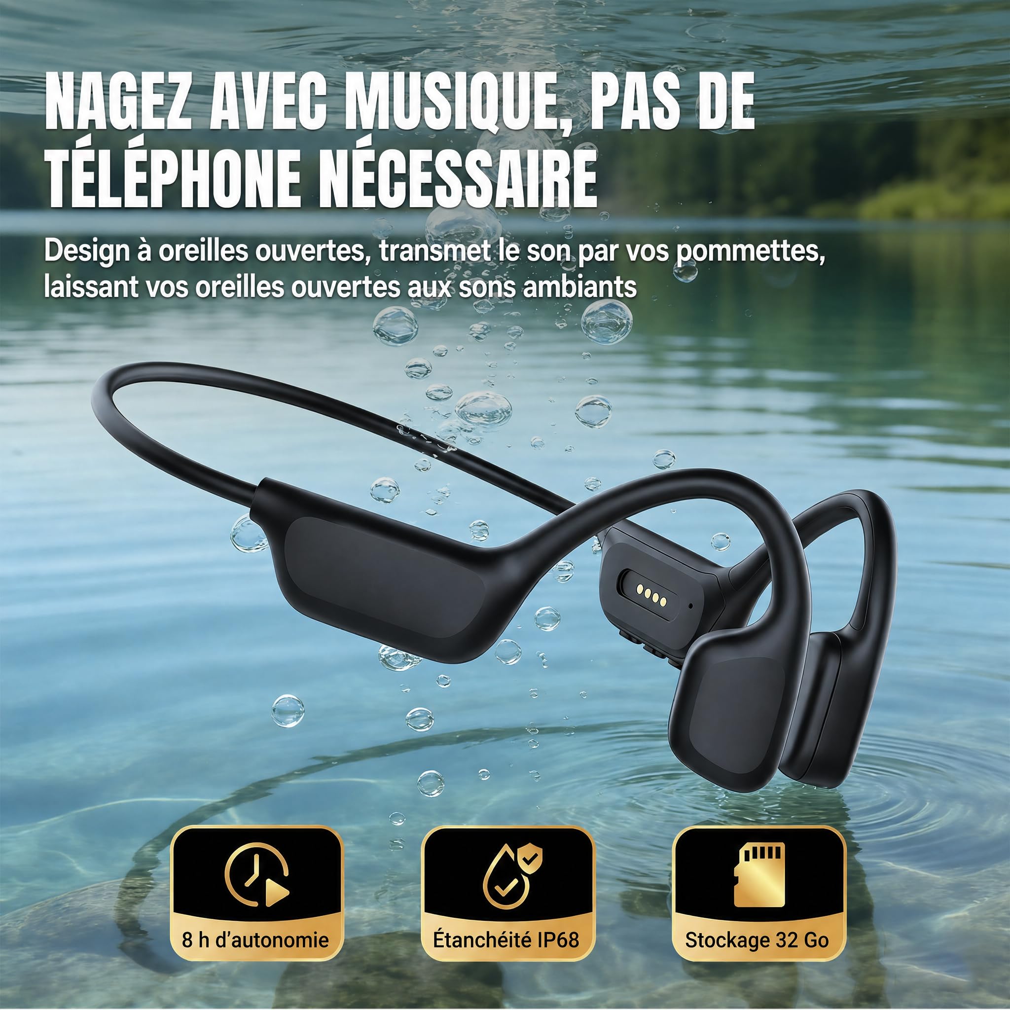 Conduction Osseuse,Écouteur Natation À Bluetooth 6.0, Étanches IPX8 Écouteurs Sans Fil, MP3 avec mémoire intégrée de 32 Go Lecteur MP3 Intégré 8 Heures de Jeu,Ecouteur Natation sans,Sportif Noir