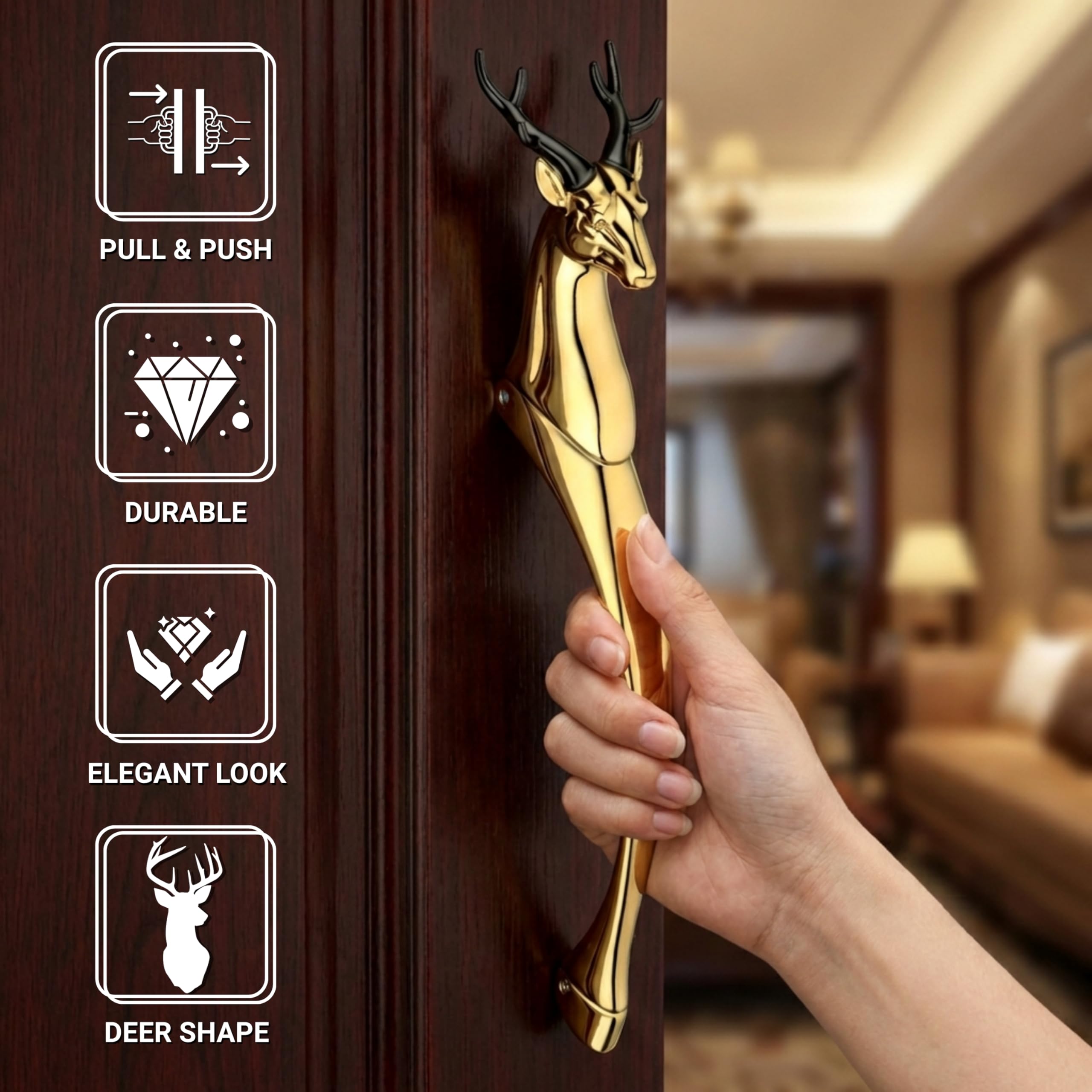 GLOXY Premium Gold 12” Classic Vintage Deer Shaped Main Door Handle with 8” Hole-to-Hole Spacing – Decorative Push & Pull Aluminium Wooden & Glass Doors Handles for Homes, Hotels & Offices- Pack of 1 — Amazon image 5