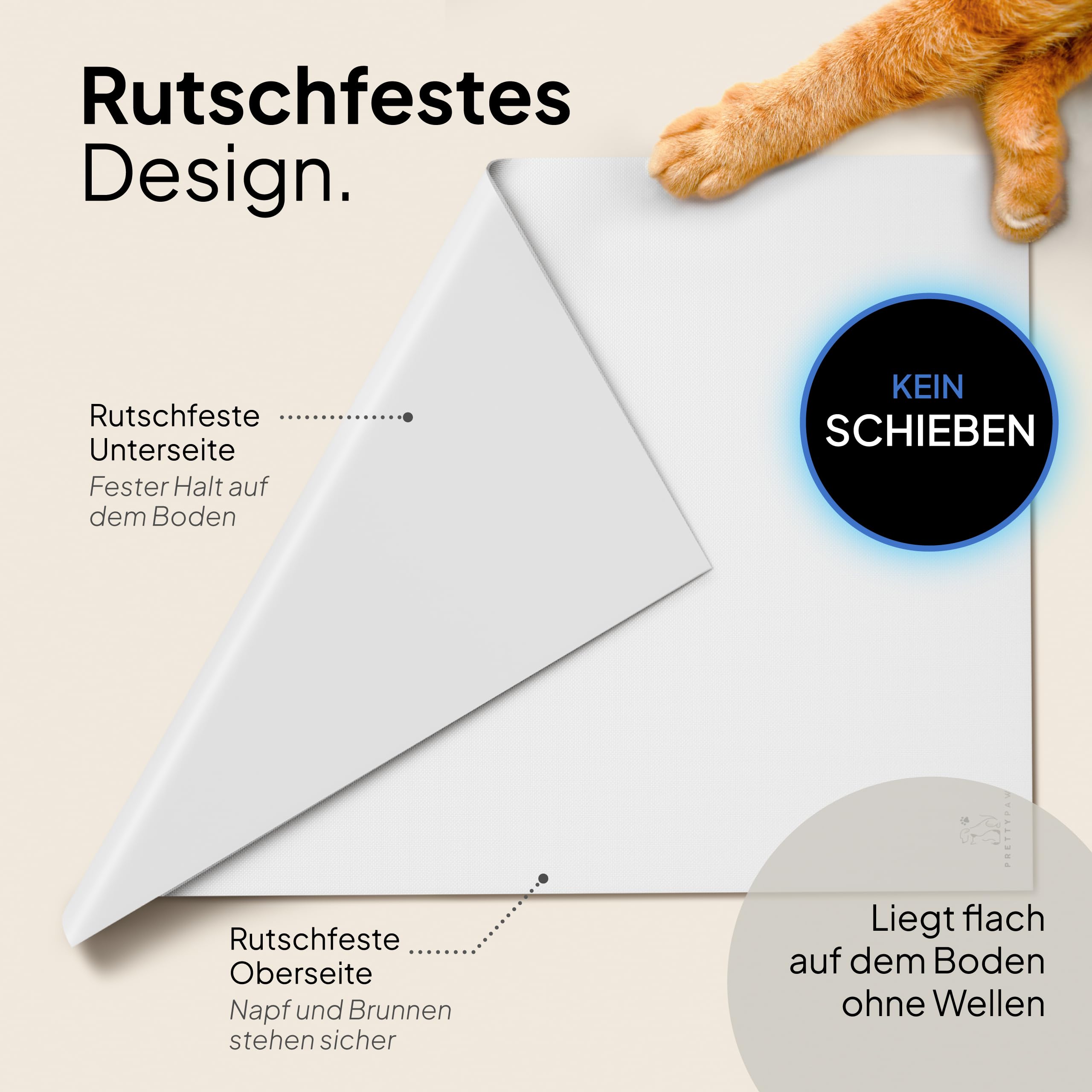 Pretty PAW® Napfunterlage Katze 60x40cm – Zubehör für Pretty Paw Trinkbrunnen & Futternapf | rutschfeste & wasserdichte Futtermatte Bodenschutz für Katzen Wassernapf & Fressnapf (Weiß, Extra Breit)