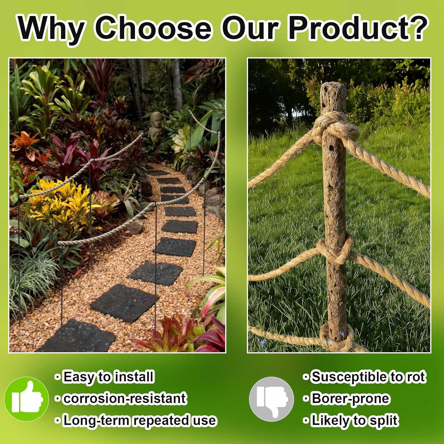 12 Pcs 42 Inches/3.5 ft Single Rope Poles/Stakes with 100 ft Twisted Manila Rope for Creating a Border Around Flower Beds, Fence, Trees, Garden, Walkways, Fountains