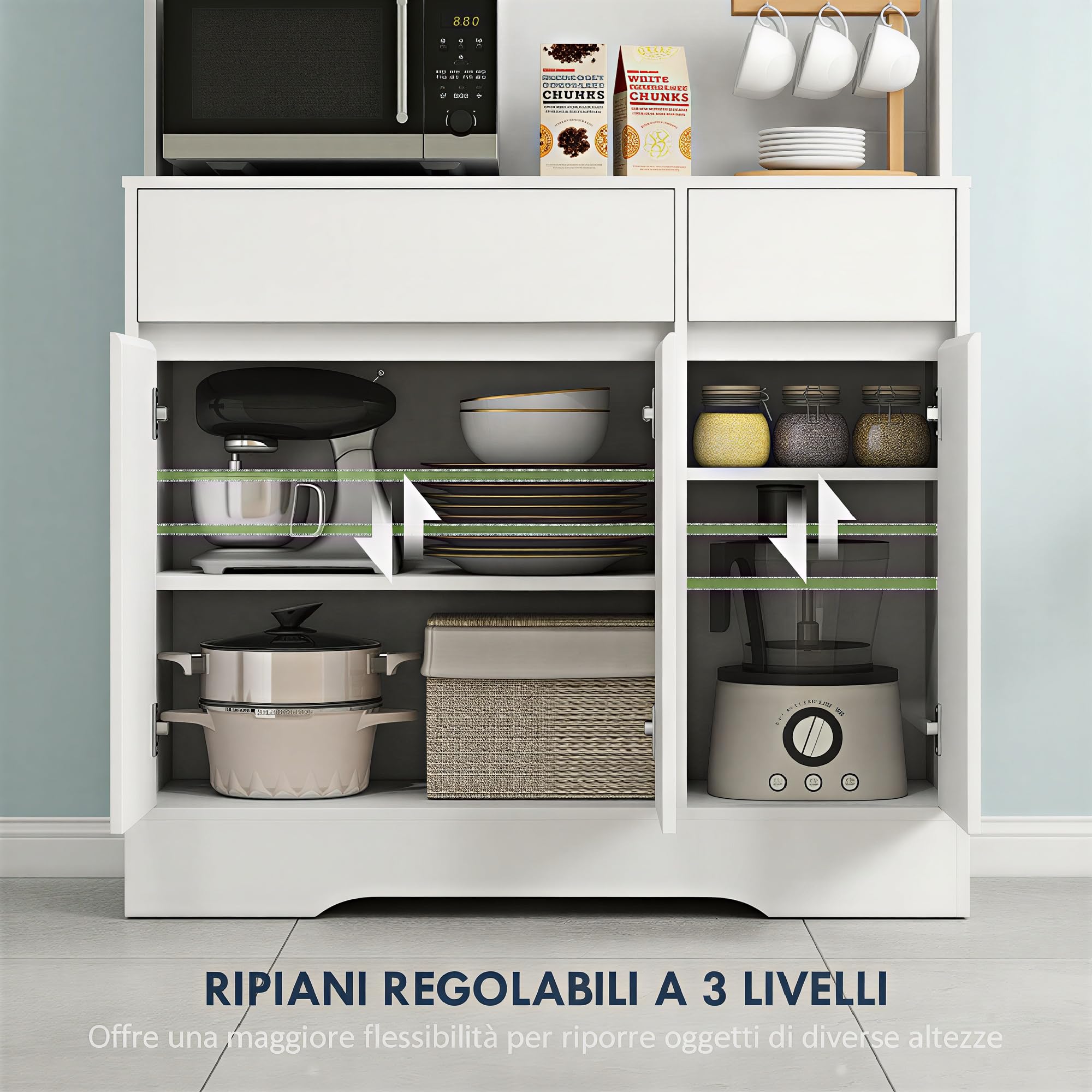 HOMCOM Credenza Cucina Alta con 6 Ante e 2 Cassetti, Mobile Cucina con Passacavi, Mobile Dispensa con Ripiani Regolabili e Piano per Microonde, per Sala da Pranzo e Soggiorno, 100x38x180 cm, Bianco