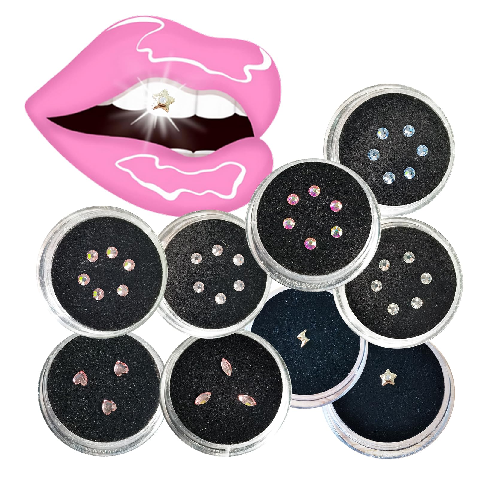 Chamon Tooth Gems, 8K Gold Teeth Gem Pentagram Lightning Shape Round Crystals 2.5mm