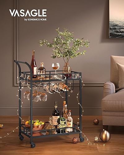 Miniatura 2 de VASAGLE Carrito de Bar Negro, Carrito de Servicio para Bar en Casa, Carrito de Vino con 2 Estantes Espejados, Soportes para Vino, Soportes para