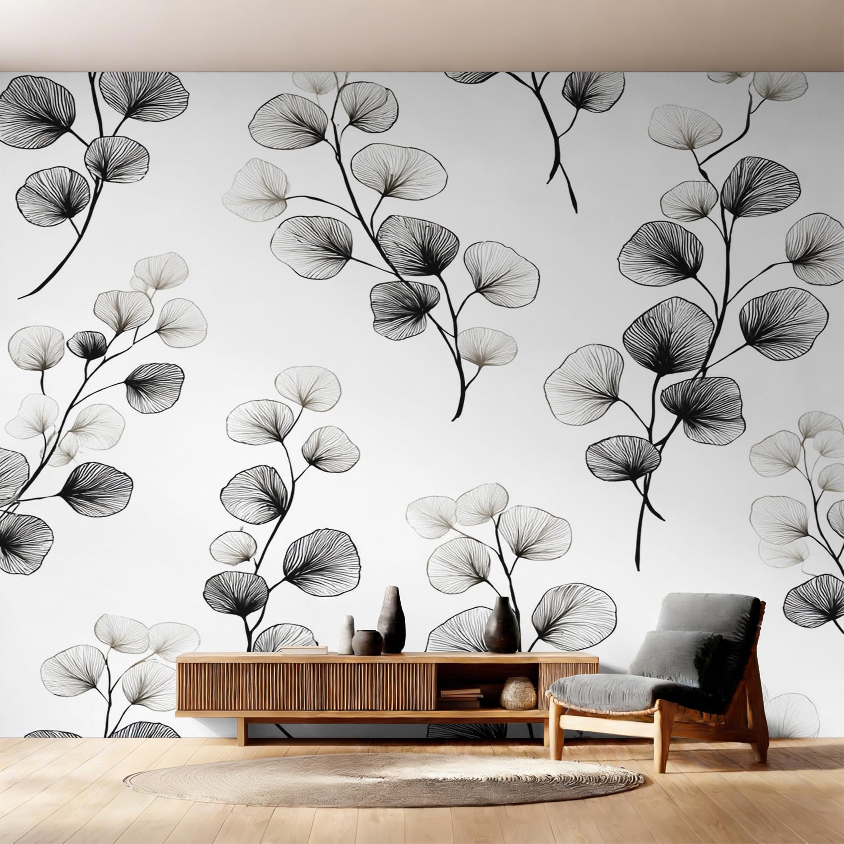 Papier peint panoramique eucalyptus noir et blanc 250x175 cm pour salon