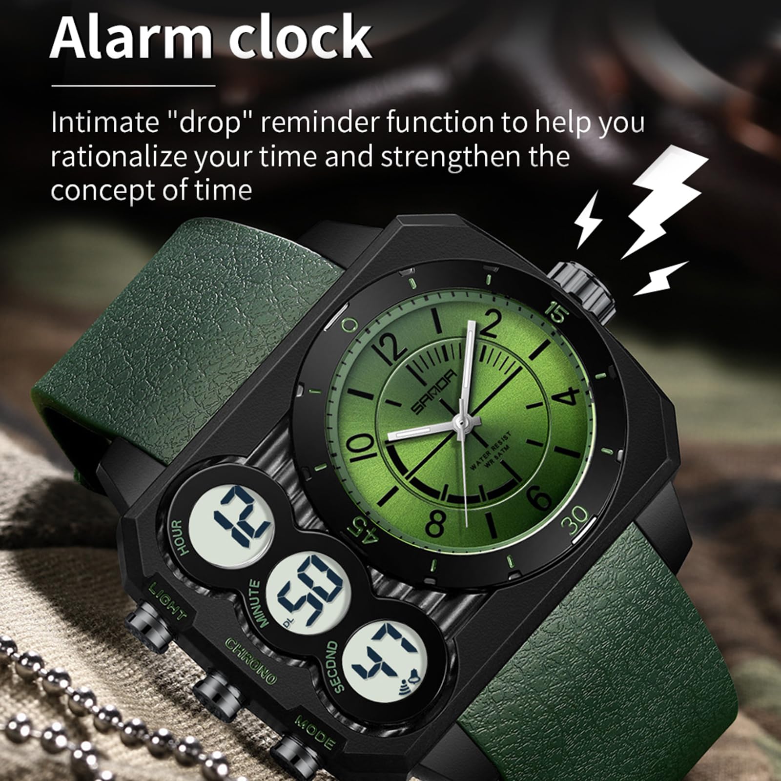 findtime Relojes rectangulares para hombre, digital, analógico, grande, militar, resistente al agua, 5 ATM, reloj deportivo para hombre, reloj táctico, cronómetro, 12/24 horas, tres zonas horarias
