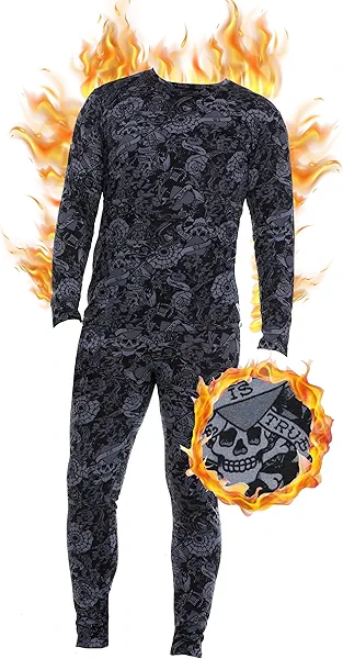 ED HARDY 2 Piece Mens Thermal Underwear Set Graphic Fleece Lined Long Underwear Mens Base Layer Shirt Long Johns