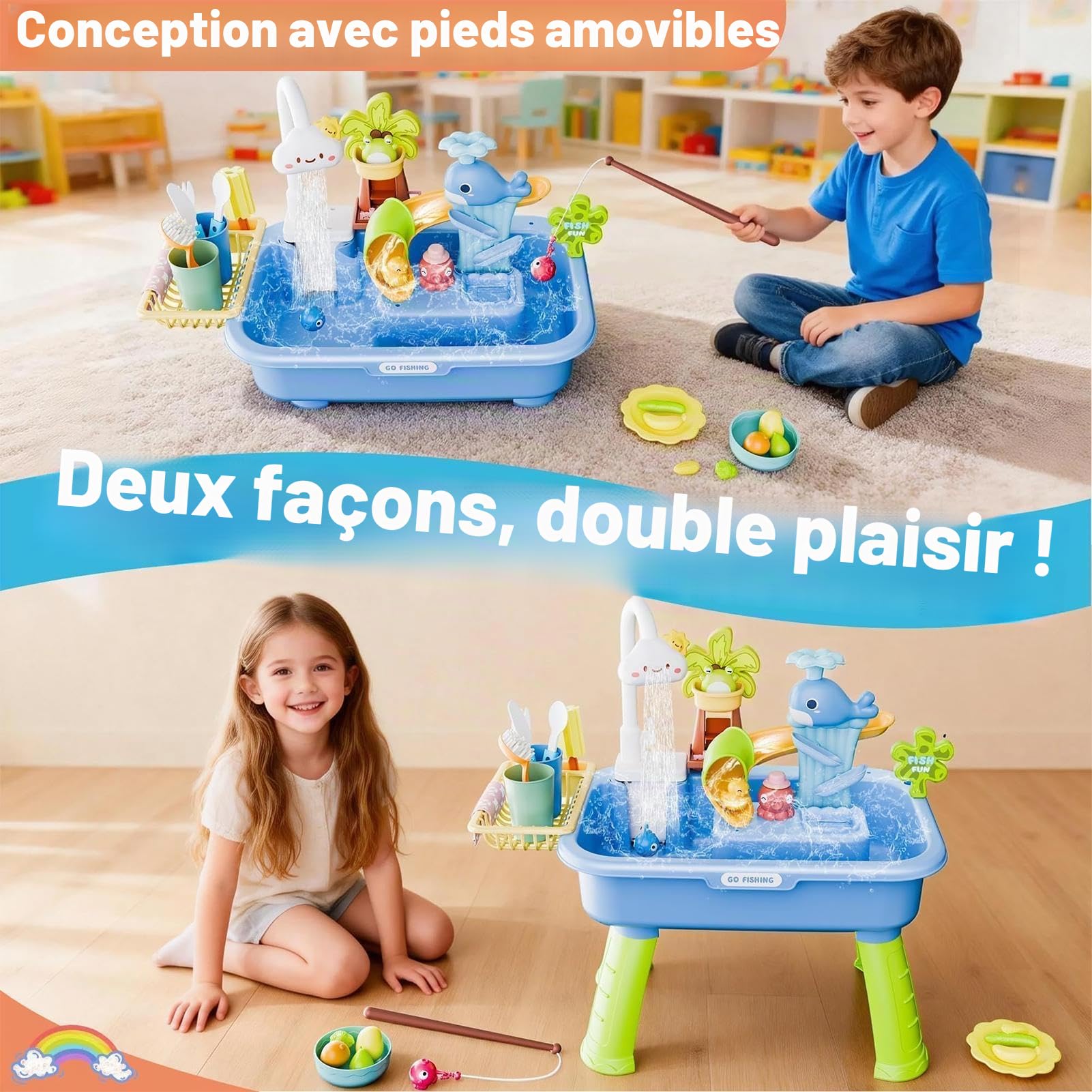 Table de sable et d'eau | Table d'eau pour enfant | Ensemble tables jeu eau multifonctionnelle évier intégré | Jeu pêche d'été extérieur tables eau pour tout-petits 1 à 3 ans et de 4 à 8 ans