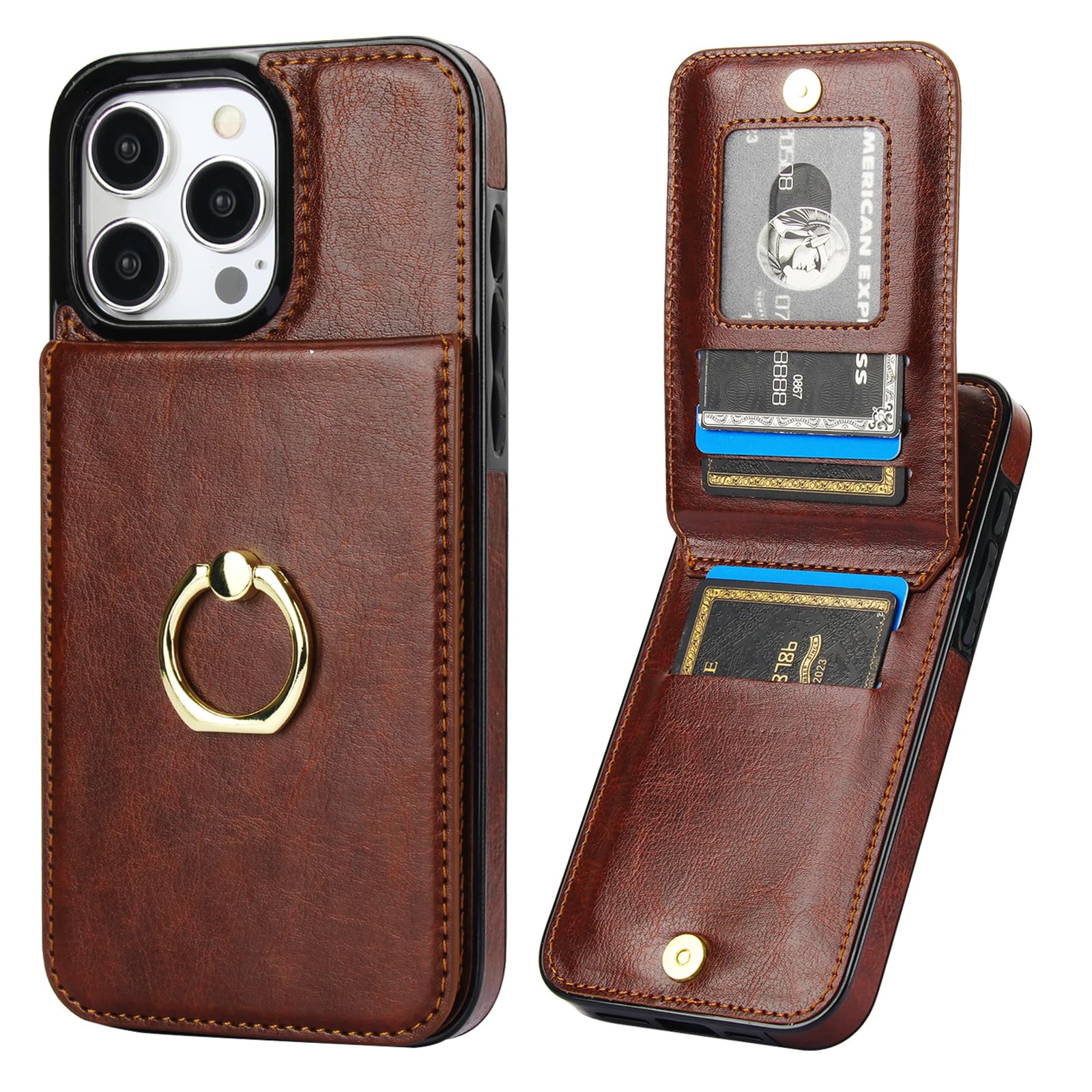 KIHUWEY for iPhone 15 Pro Max Case Wallet with Credit Card Holder, 360° Rotation Ring PU Leather Magnetic Clasp Kickstand Heavy Duty Protective Cover