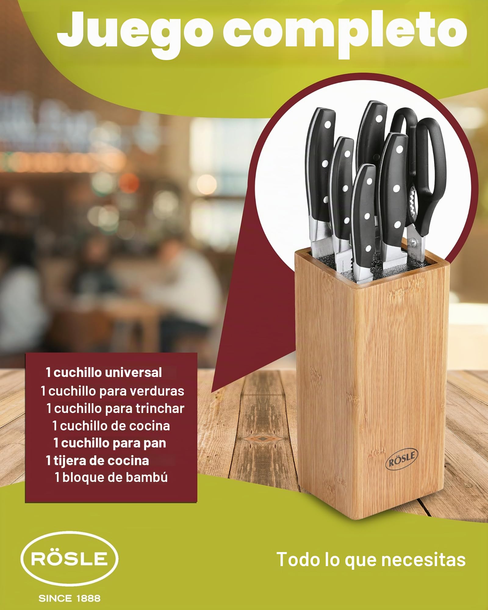 RÖSLE RÖSLECuisine Bloque de Cuchillos con Cepillo, 7 Piezas, de Calidad con Madera de Bambú con 5 Cuchillos Afilados y Tijeras de Cocina, Hojas de Acero Especial, Protector de Dedos