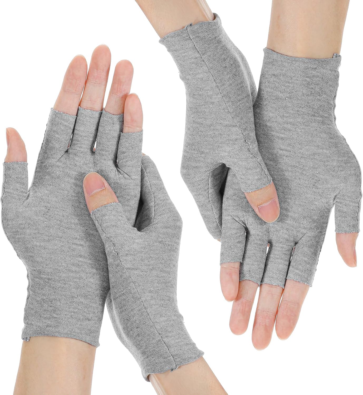 2 Pair Moisturizing Gloves for Dry Hands, Fingerless Cotton Eczema Gloves for Hand Cream Overnight, Suitable for Women & Men Nighttime Moisturizing Hand, Half Finger Easy to Touchscreen, Grey