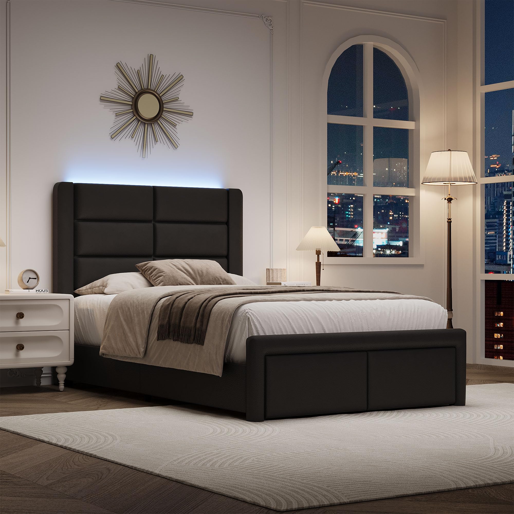 Twin Bed Frame with Headboard and LED Lights, Modern Faux Leather Upholstered Bed Frame with Wooden Slats Support and Heavy Duty Mattress Foundation,