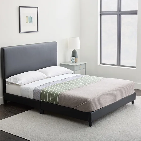 Edenbrook Platform Bed with Headboard – No Box Spring Needed – Faux Leather Upholstered Platform Bed Frame – Low Profile – Easy Assembly – Black – Full Size