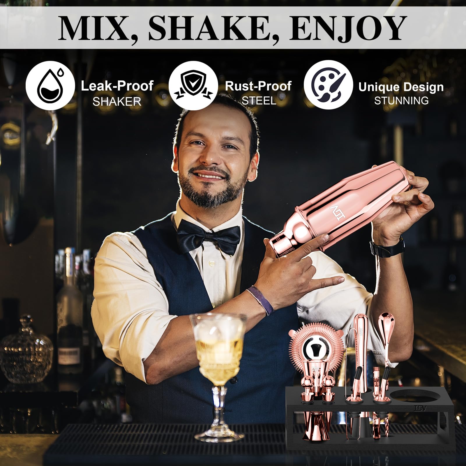 IOV Mixology - Kit da barista con supporto, set da 12 shaker per cocktail, shaker per martini da 680,4 g, per miscelare bevande, set da bar include tutti gli strumenti da bar e il libretto di ricette,