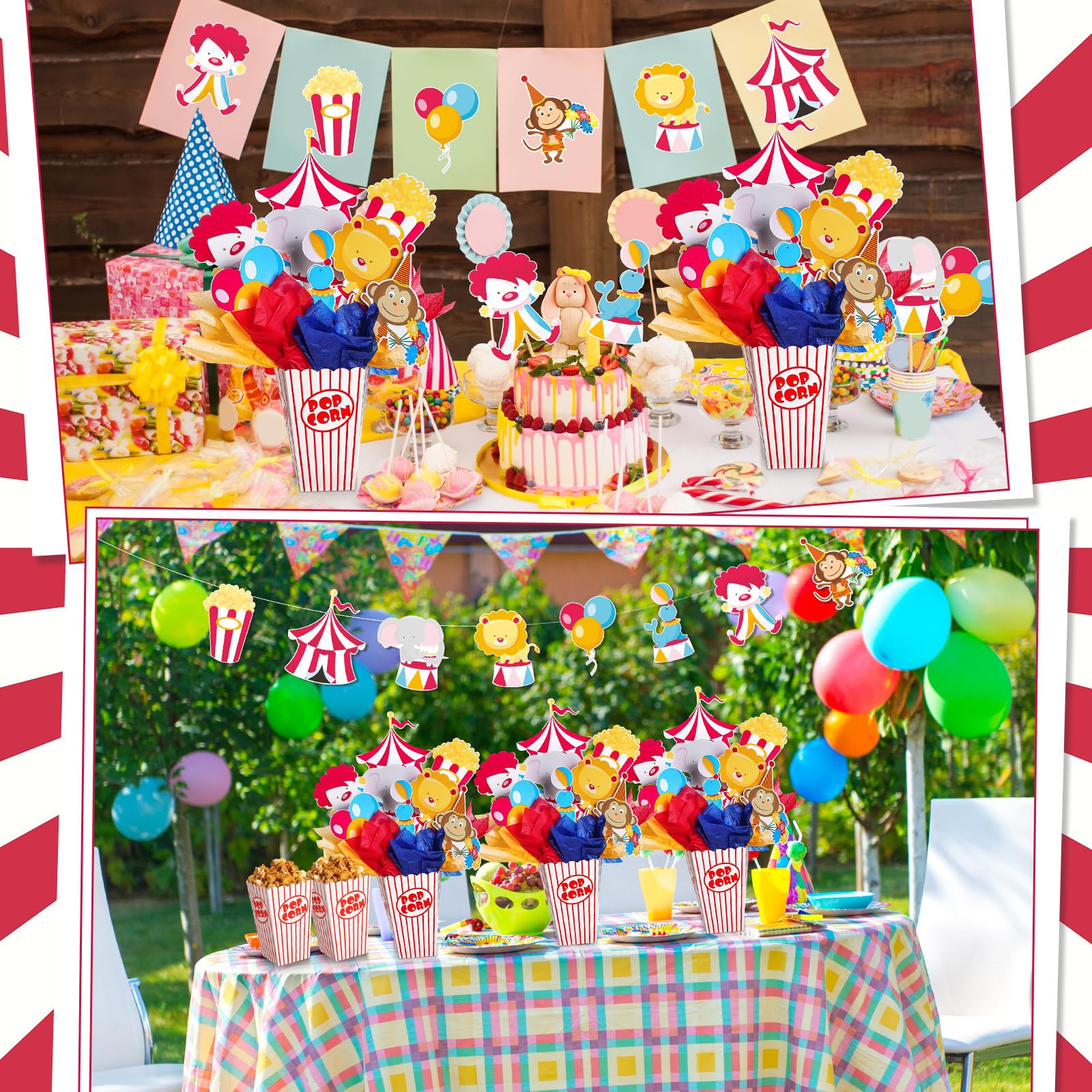 12 juegos de centros de mesa de fiesta de carnaval de circo, decoración de mesa temática de circo con caja de palomitas de maíz, recortes y palos para fiesta de carnaval, suministros de