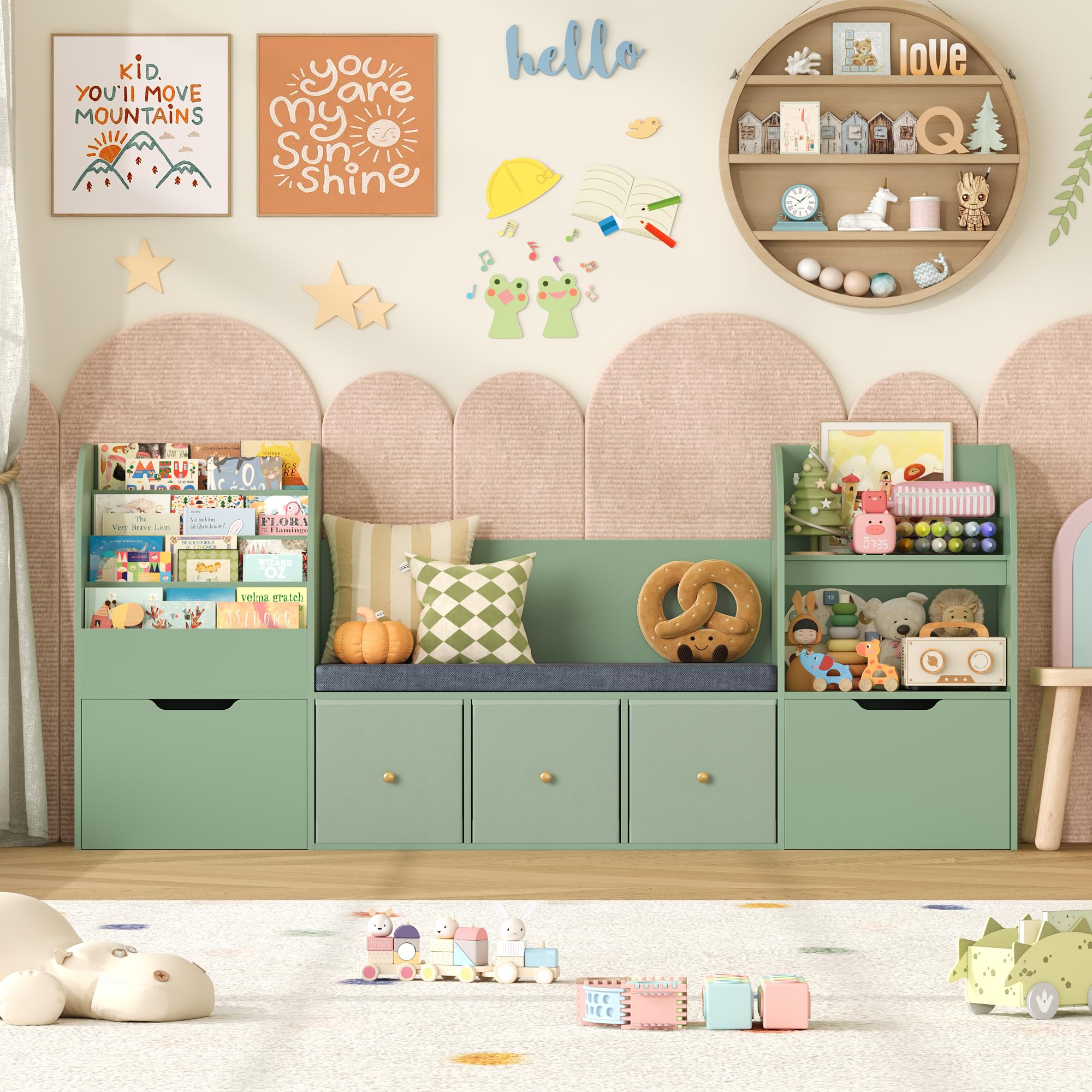 FOREHILL Meuble Rangement Enfant 180cm Bibliothèque Enfant avec Banc Vert