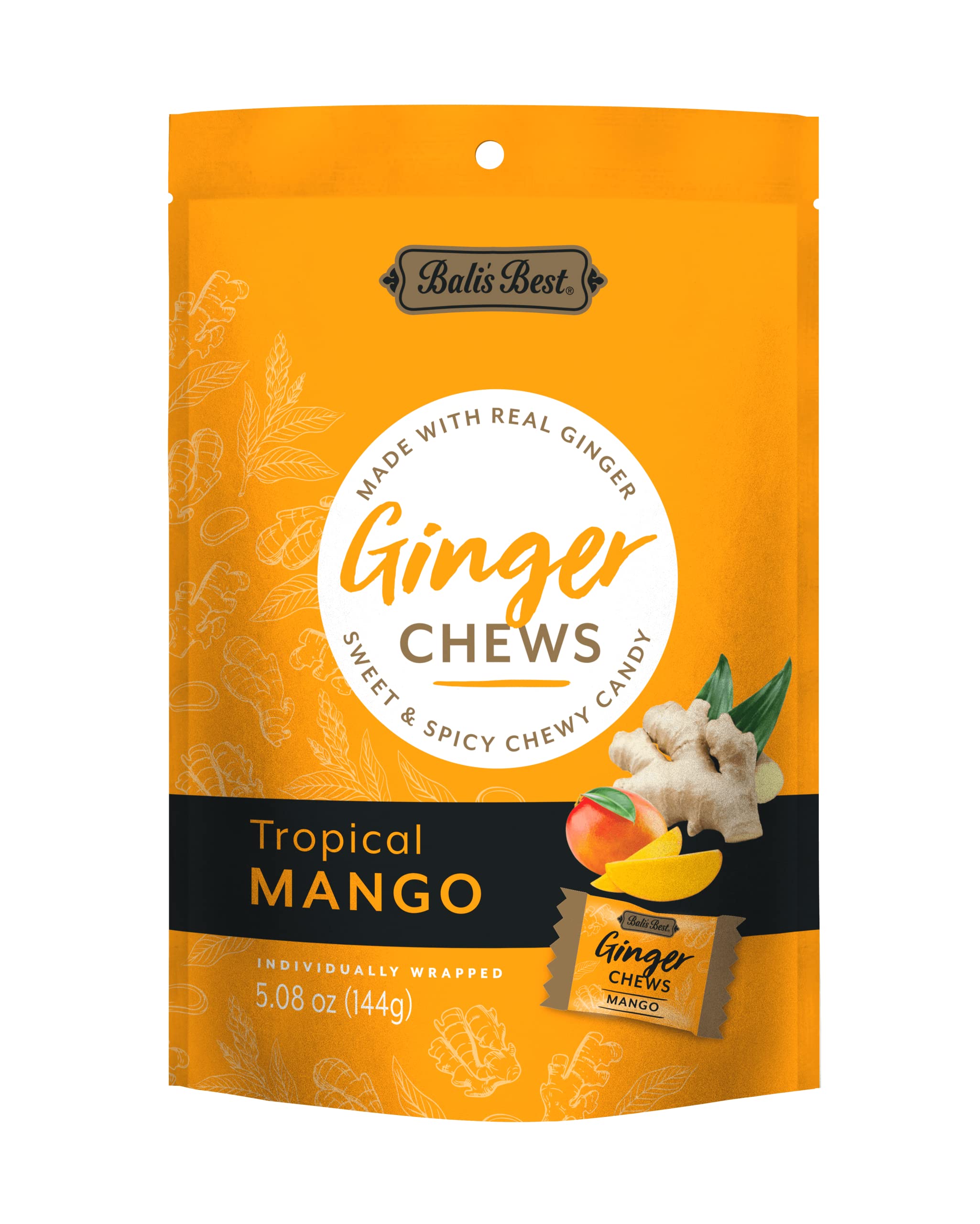 Bali's Best Ginger Chews, Tropical Mango Flavor, 5.08 Oz, Individually Wrapped Soft Candy, Made with 100% Real Ginger, Digestive Health Support, Upset Stomach Relief, Halal