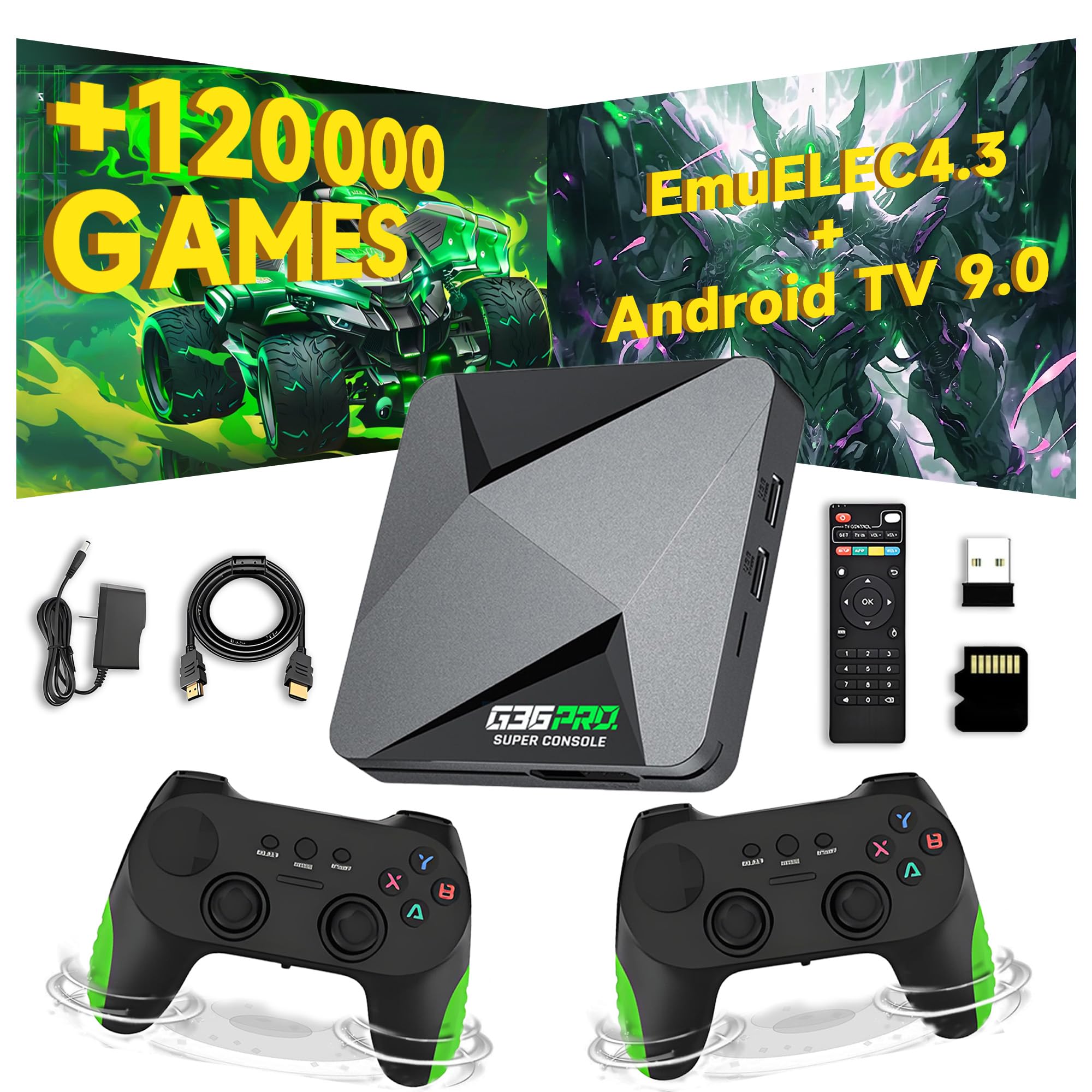G36 Pro Retro Spielkonsole Retro Konsole,120000+ Spiele 50+ Emulatoren,EmuELEC 4.3+Android 9.0 Dual-System,4K Game Stick Plug & Play Retro-Videospielkonsole für TV,mit 2 kabellosen Controllern (256G)