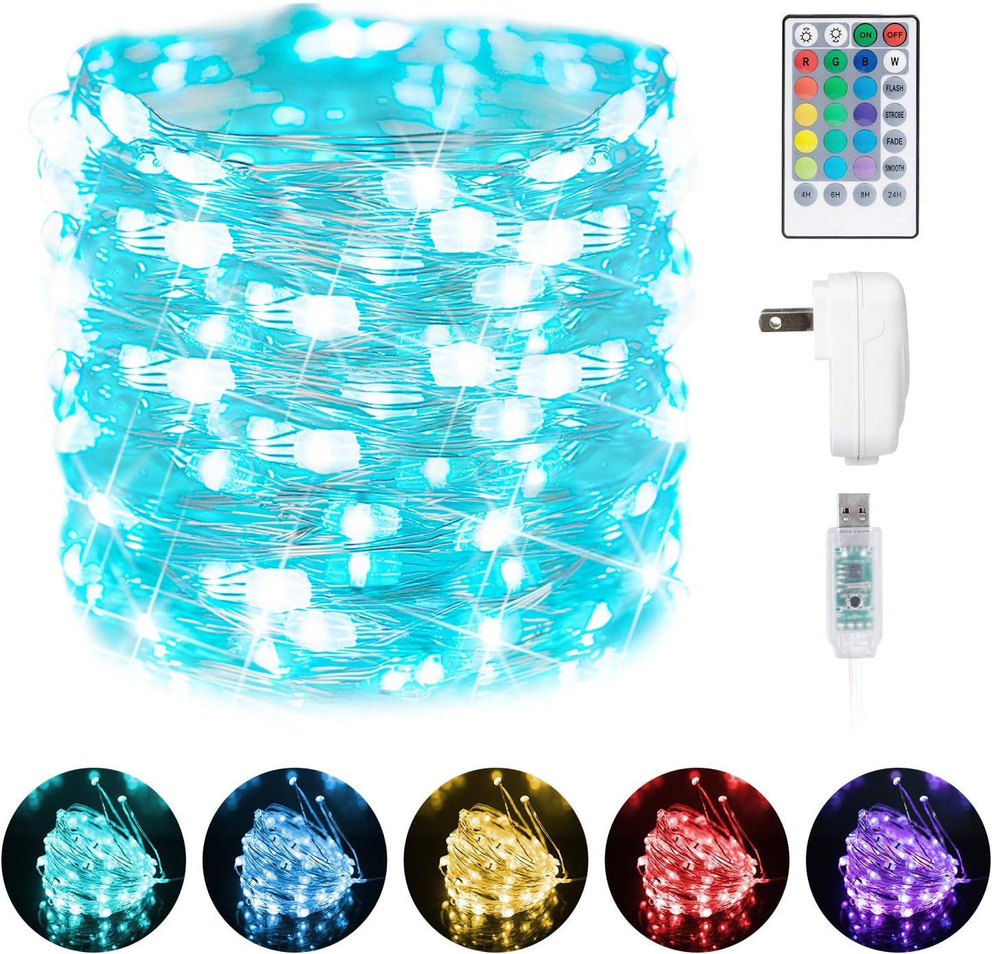 Color Changing Fairy String Lights - 33 Feet 100 LED USB Operated Twinkle Lights with Remote and Adapter, Silver Wire Firefly Lights for Bedroom Party Craft Indoor Christmas Decoration, 16 Colors