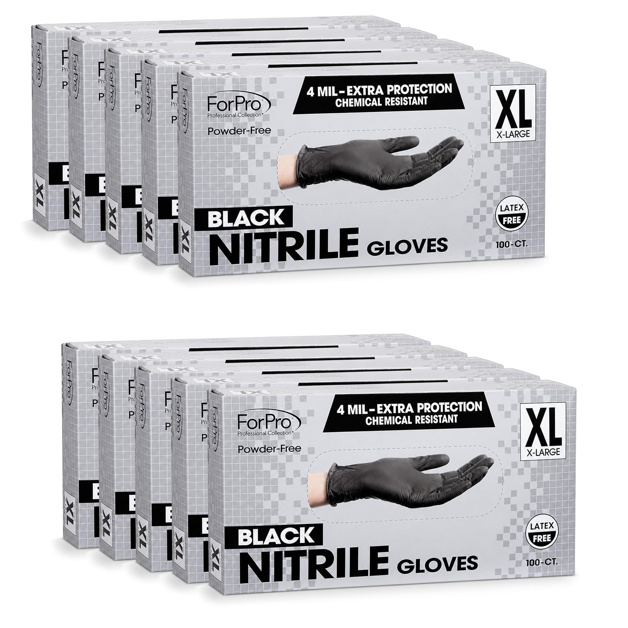 ForPro Professional Collection Guanti monouso in nitrile resistenti agli agenti chimici, senza polvere, senza lattice, non sterili, per uso alimentare, 4 mil, nero, taglia XL, 1000 pezzi