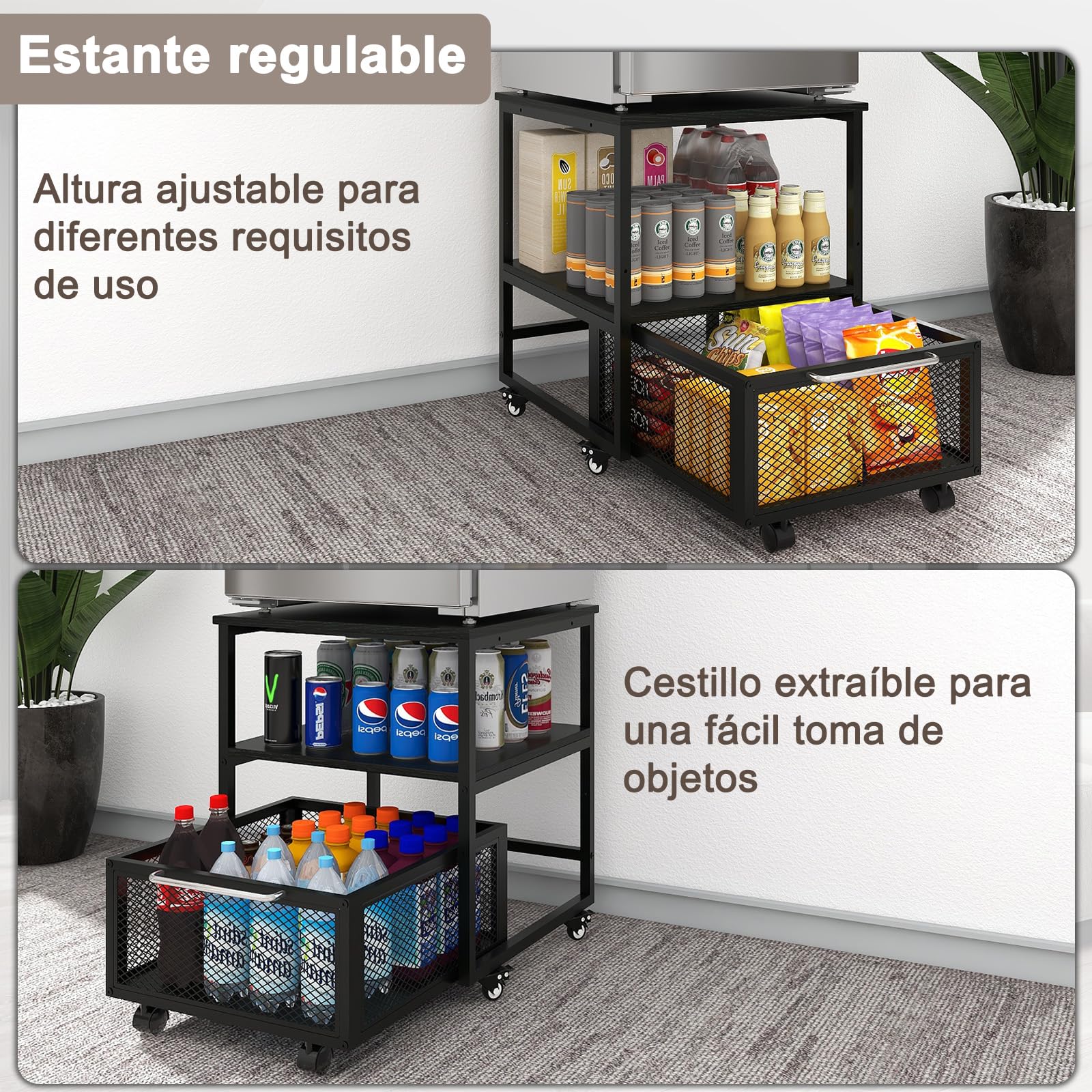 PUNCIA Soporte para Mini Nevera 3 Niveles con Cesta Metálica para Oficina | Mueble Mesa para Frigorífico con Base Móvil para Refrigerador con Ruedas Estante de Almacenamiento con Cajón Cocina Salón