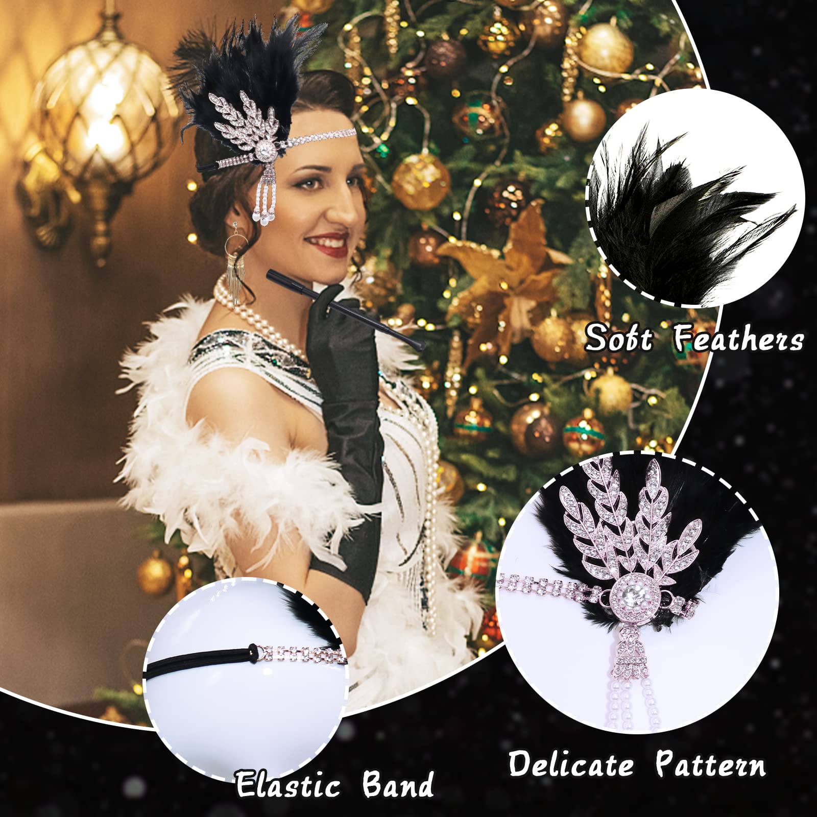 1920 Accessories Set, 5pcs Great Gatsby Accessories with Headband Earrings Pearl Necklace Gloves Handheld Props, 1920s Flapper Costume Vintage Accessories for Women Girl (Style-2) - Image 2