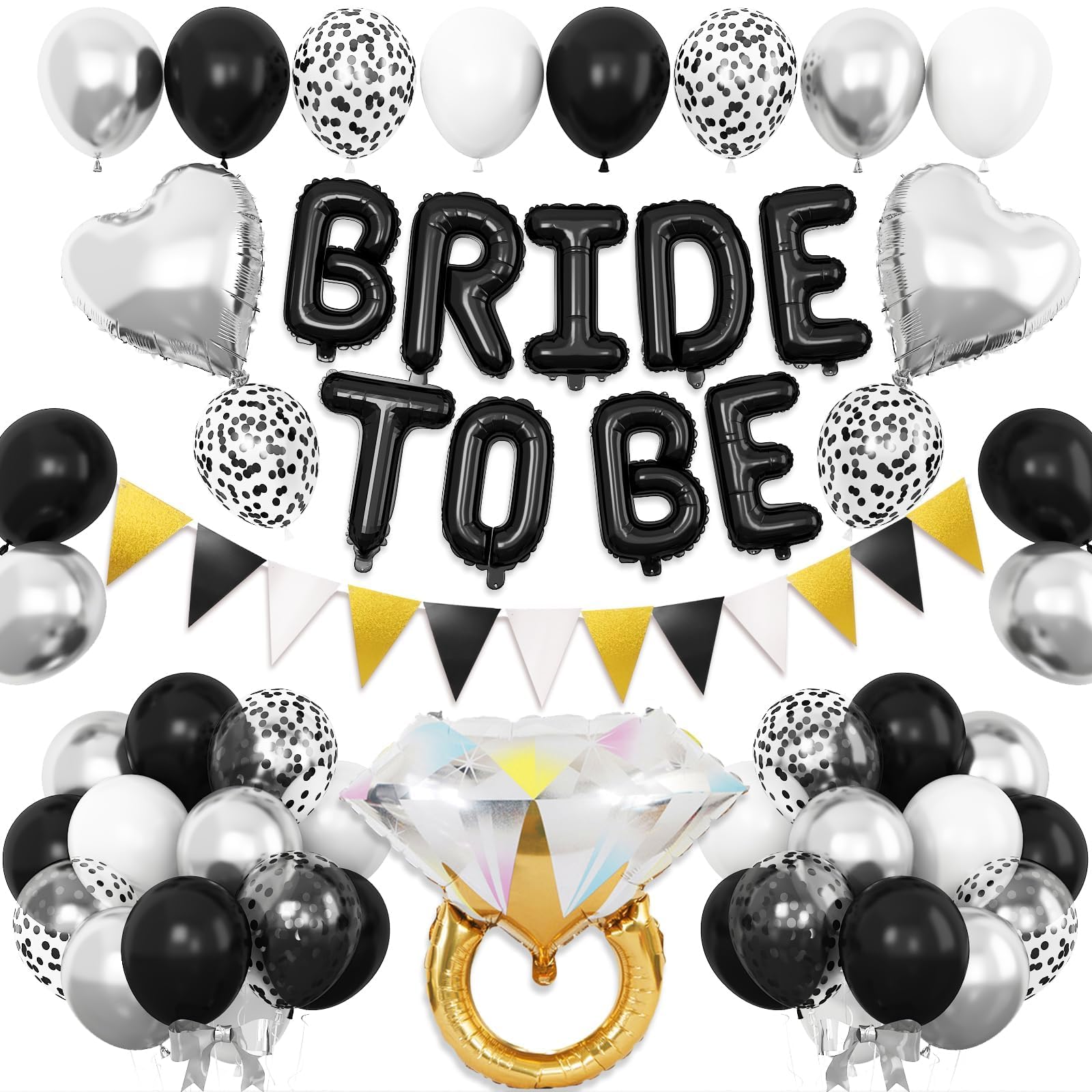 Black and Silver Bachelorette Party Decorations - Bride to Be Bridal Shower With Heart and Diamond Ring Balloons for Engagement Wedding