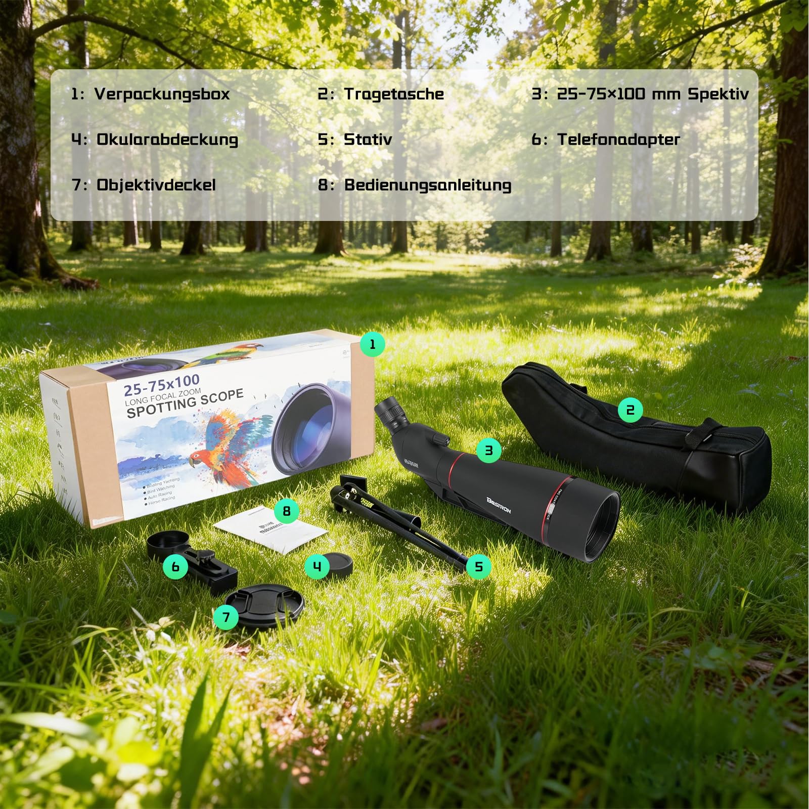 25-75x100 HD Spektiv Sportschützen mit Stativ für Jagd | HD-Optik-Zoom Spektiv mit Stativ Telefon Adapter und Tragetasche - Wasserdichtes für Zielschießen,Vogelbeobachtung