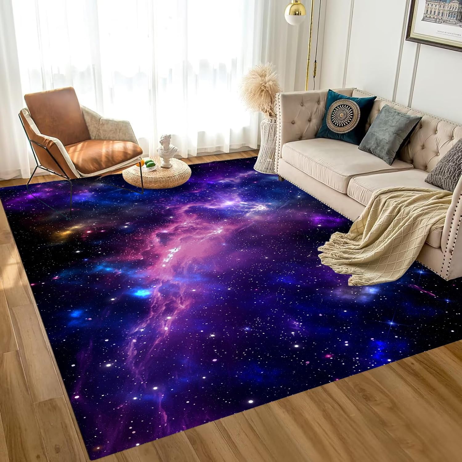 Lila Galaxie Teppich, 70x140cm Weltraumnebel Teppich, Sternenhimmel-Fußmatte für Kinderzimmer, rutschfeste Große 3D-Fußmatte, Waschbarer Sternen Teppiche für Wohnzimmer, Spielzimmer