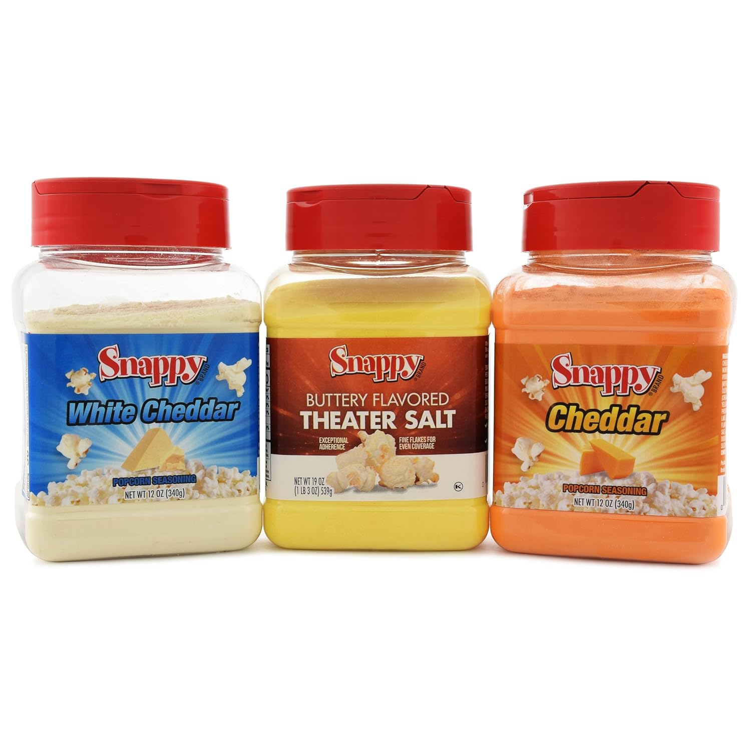 Snappy Popcorn Seasoning Bundle, Cheddar Cheese, White Cheddar Cheese, 12 oz, Buttery Flavored Theater Popcorn Salt, 19 oz, 3 Count