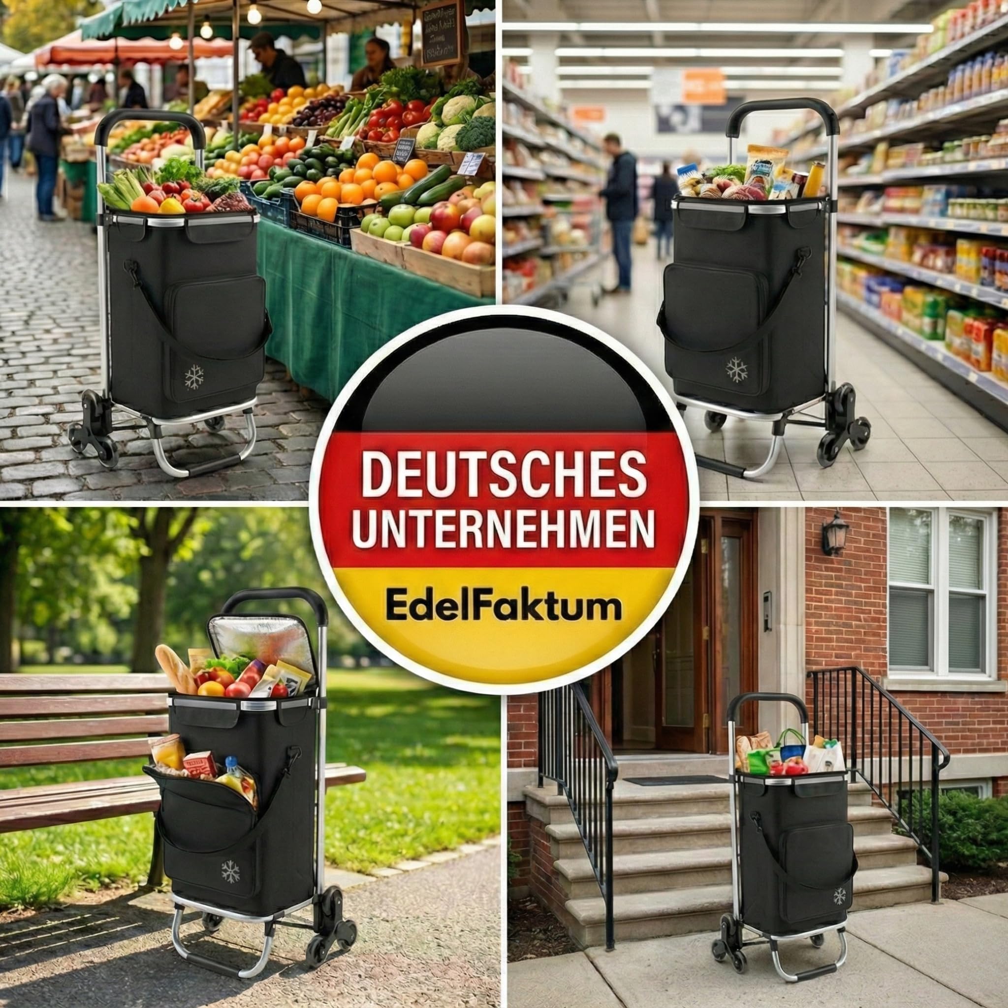 Einkaufstrolley Treppensteiger 64L groß, Einkaufswagen mit Dreirad klappbar, Trolley mit Kühlfach bis 60kg, Einkaufstasche mit Rollen und Reflektor, Handwagen schwarz