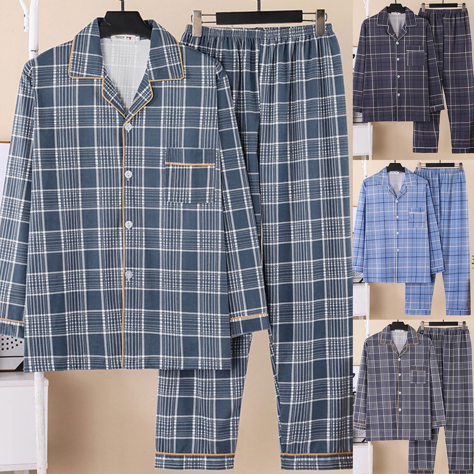 Pijama para hombre largo con botones a cuadros, cuello de solapa de dos piezas, conjunto de pijama de primavera y otoño, pijama para hombre, suave, cómodo, corte regular, pijama con bolsillo